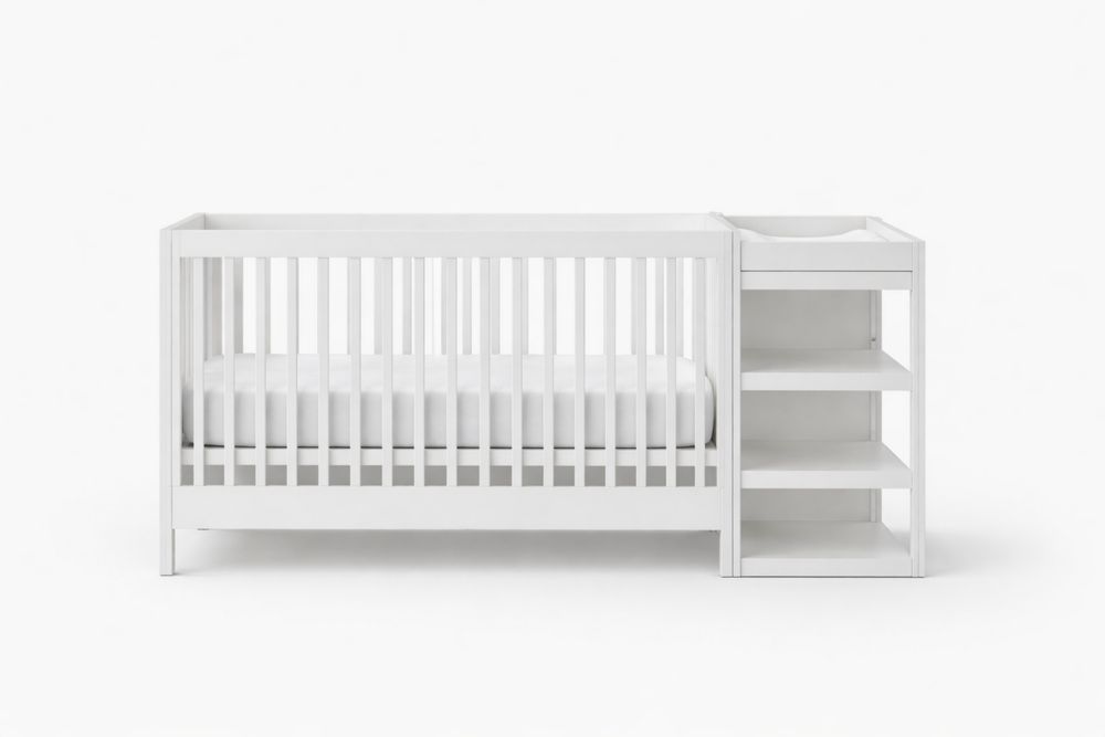 Convertible Baby Crib with Attached Changing Table White pine wood-Crystalhomeeu