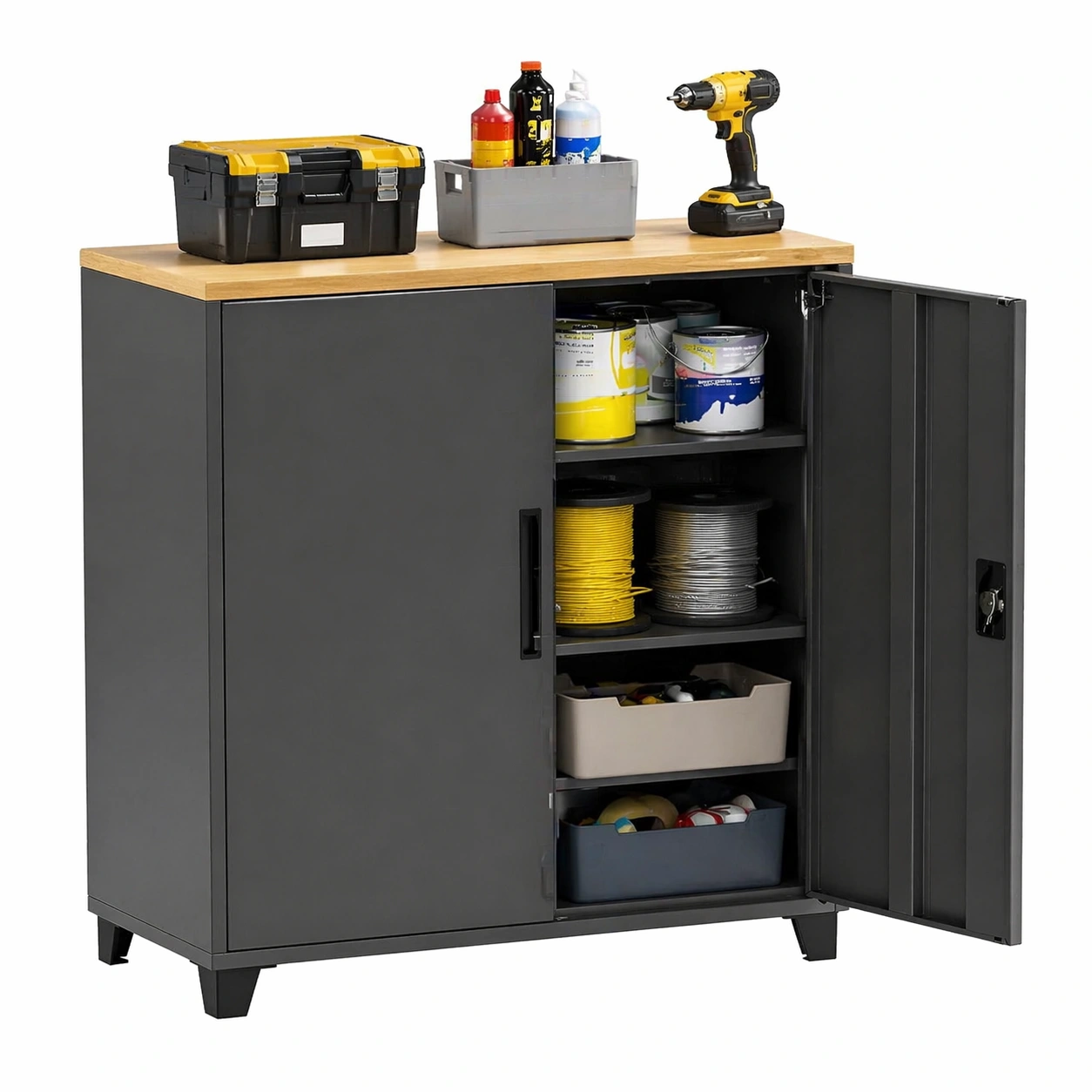 Metall Aufbewahrungsschrank mit 3 Faecher Verstellbare Regalbretter Werkstattschrank Abschliessbar Mehrzweckschrank Hellgrau-qulvena