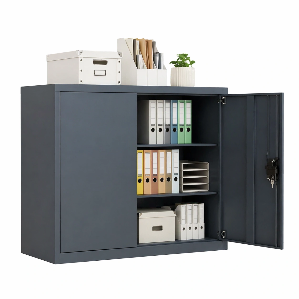 Metall Aufbewahrungsschrank mit 2 Tueren und 2 Einlegeboeden, abschliessbar, stabil, Bueroschrank 90 x 40 x 90 cm Grau-qulvena