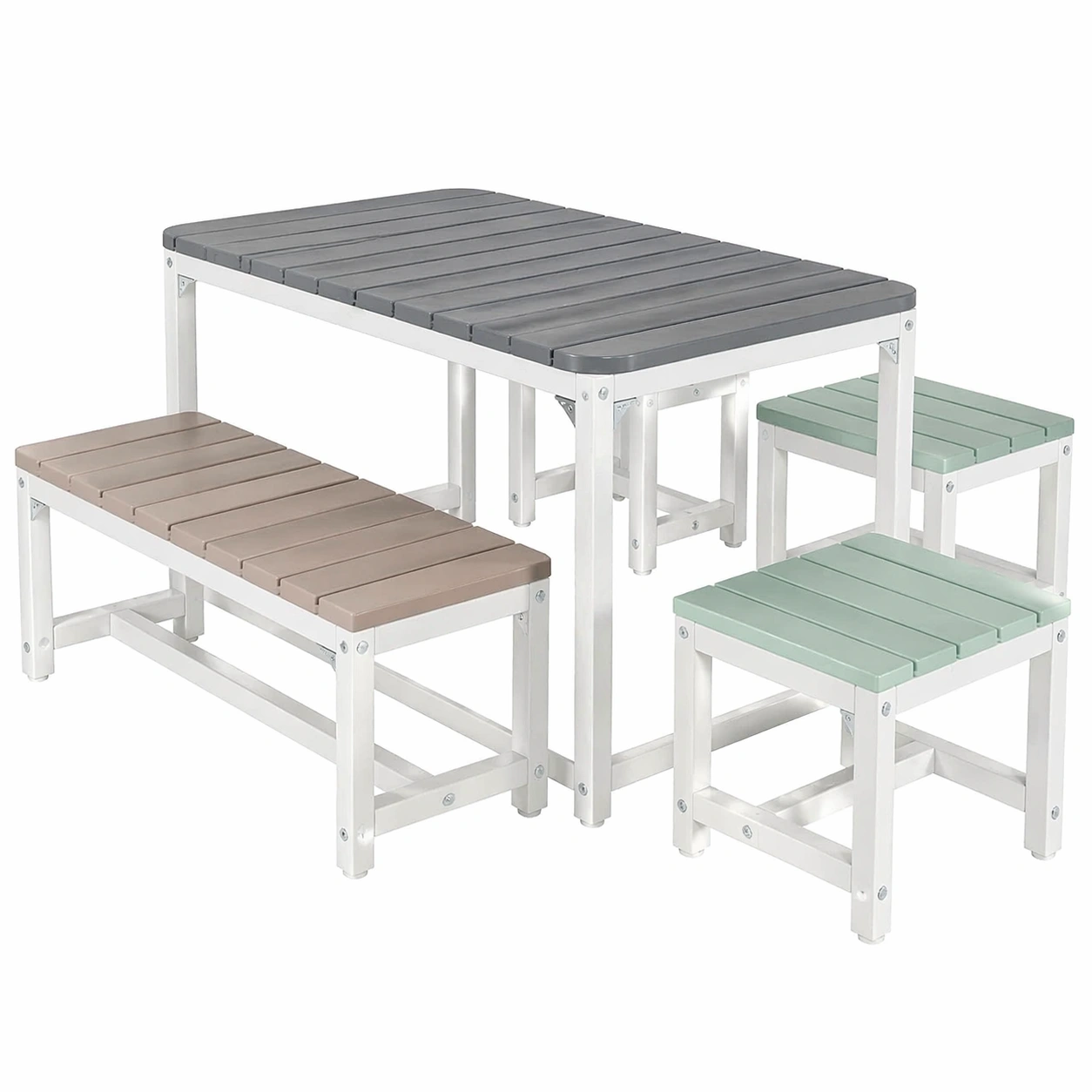 Kinder Gartentisch Set mit 2 Hocker und Bank Outdoor Spieltisch Holzoptik Sitzgruppe fuer Kinder Hellgrau-qulvena