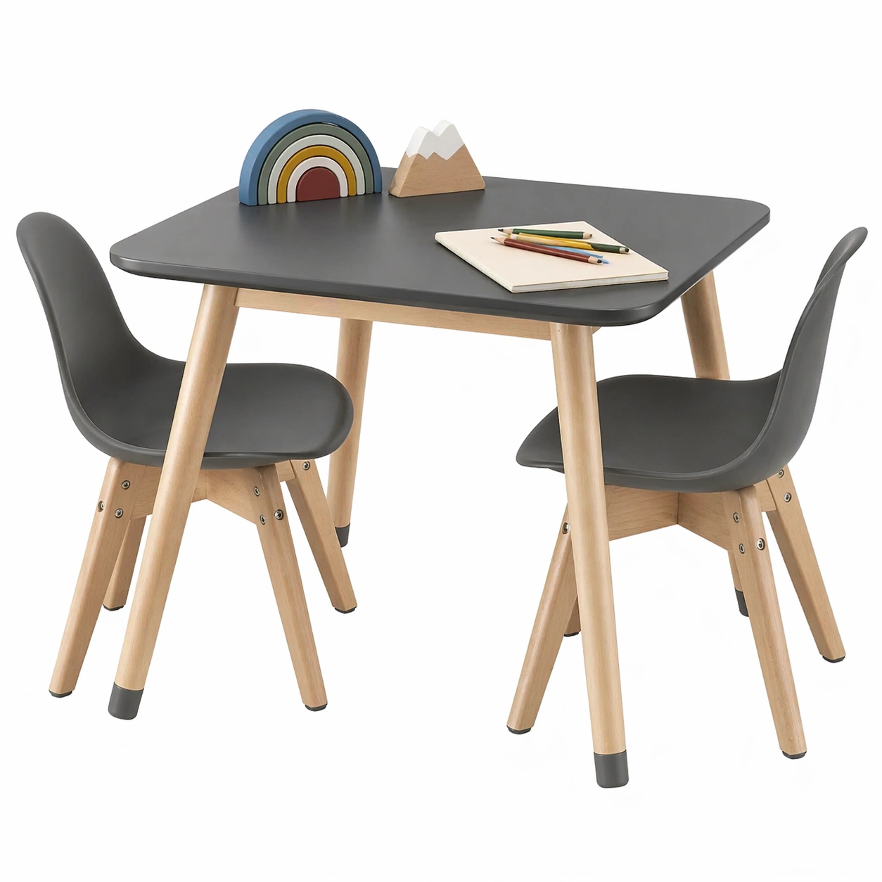 Kinder Tisch und 2 Stuehle Set aus Massivholz, Gruen, 3 in 1 Spiel und Lernmoebel, 60 x 60 x 50 cm-qulvena