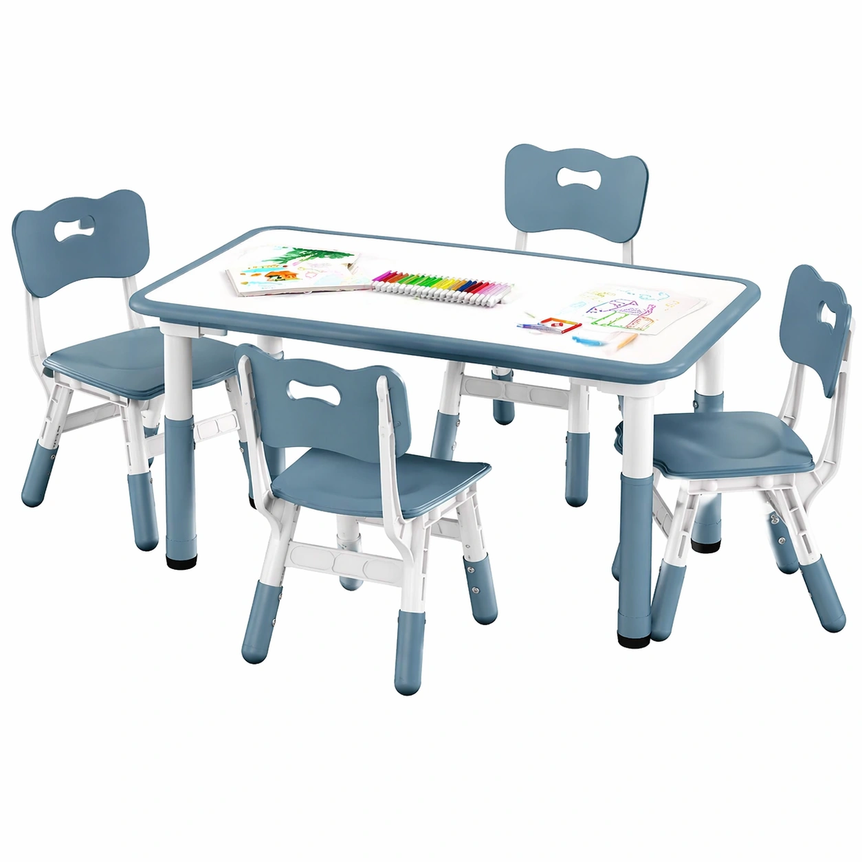 Kinder Tisch Set mit 4 Stuehlen Hoehenverstellbar Maltisch mit Zeichenflaeche Spieltisch 18+ Monate 4 Sitzplaetze 80 x 60 x 50 cm Blau Weiss-qulvena