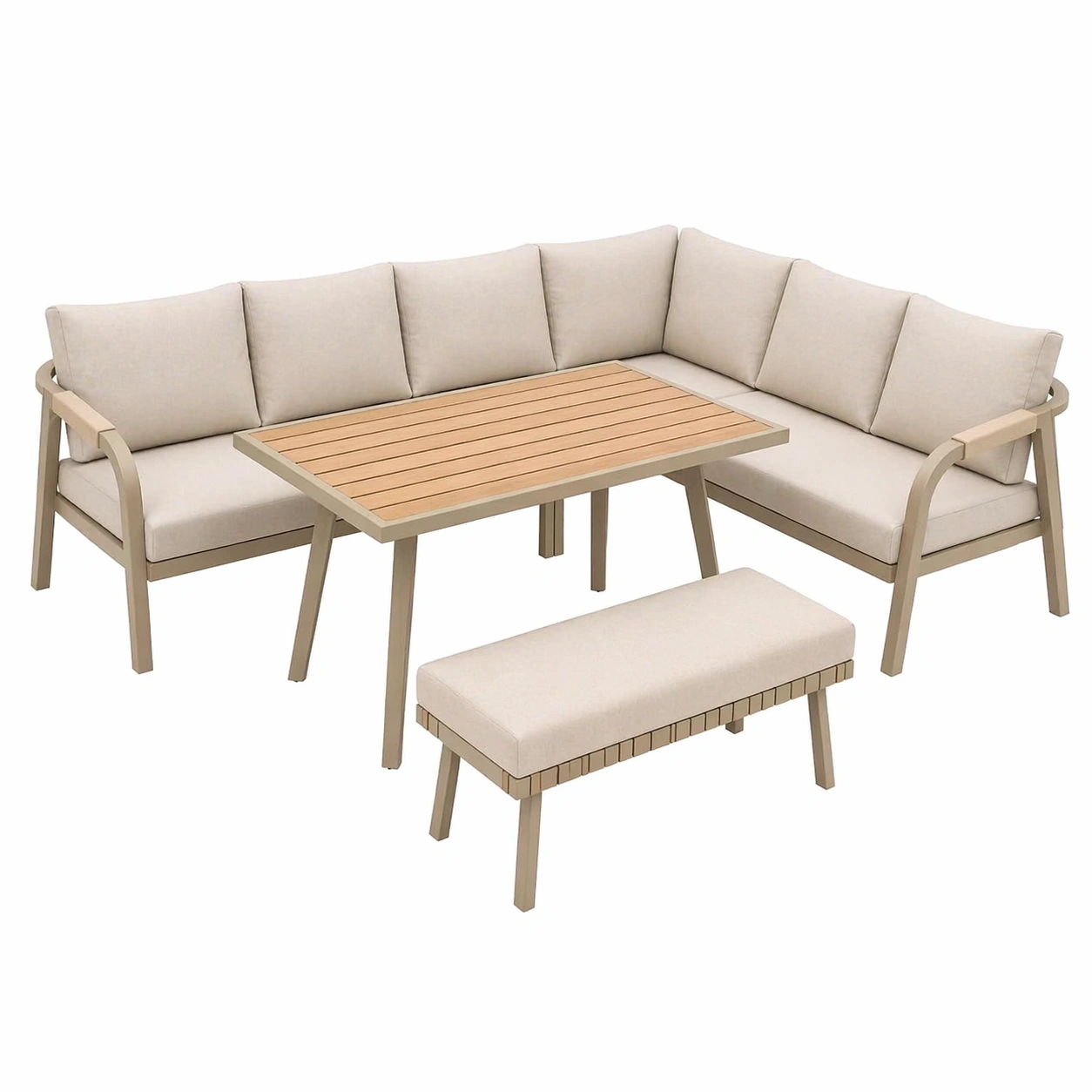 Outdoor Lounge Ecksofa Set mit Tisch und Bank fuer 6-8 Personen Gartensofa Sitzgruppe Metall Rahmen Beige-qulvena
