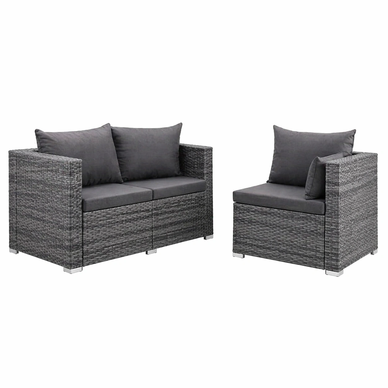 Gartenmoebel Set 3 Teilig mit 2 Sitzer Sofa und Sessel, Rattanoptik Grau, Outdoor Lounge Moebel-qulvena