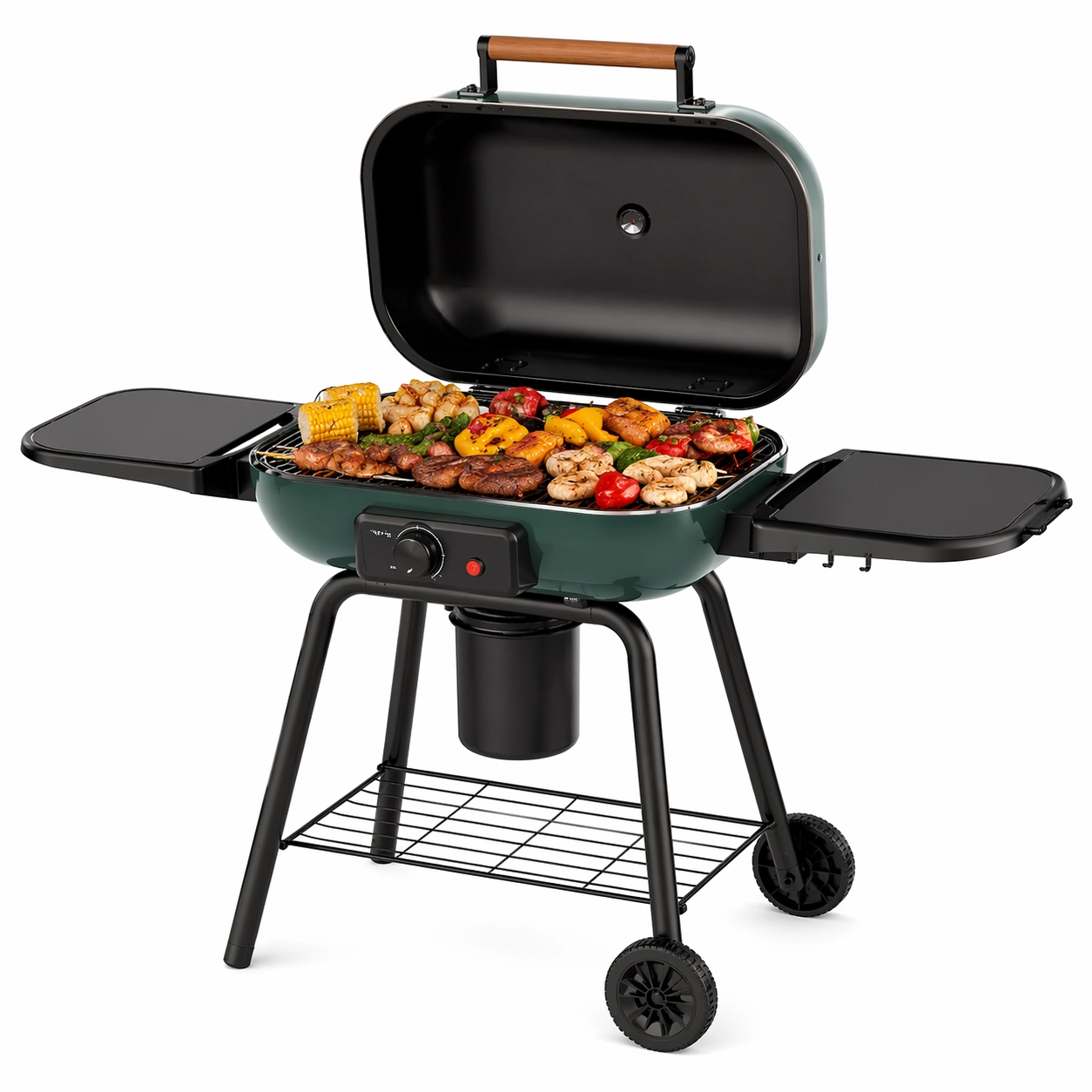 Holzkohlegrill mit Seitenablagen und Deckel, Standgrill mit Wagen, Grosses Grillflaeche 85x64x110 cm-arlvina