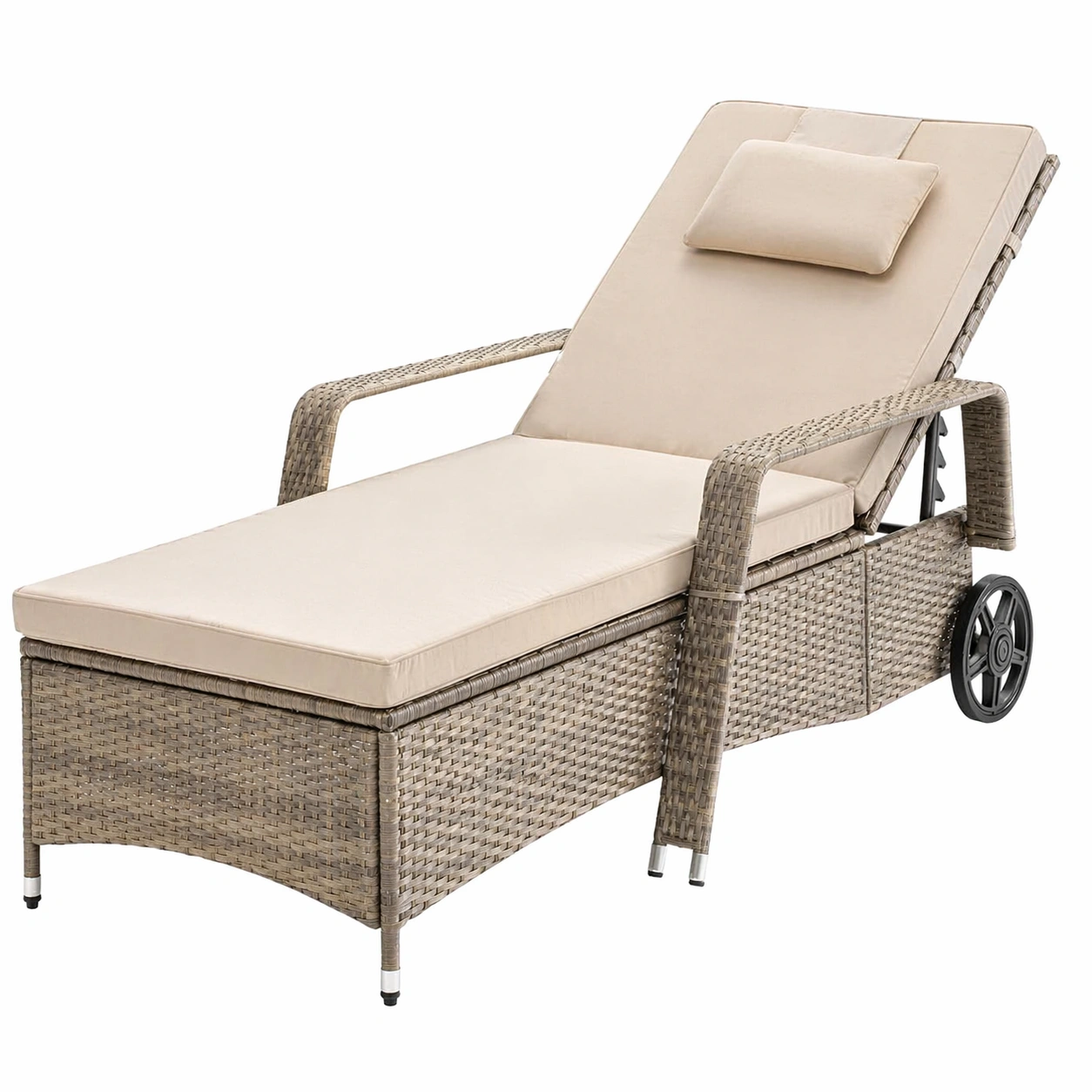 Polyrattan Sonnenliege mit Rollen und verstellbarer Rueckenlehne �C Garten Relaxliege Beige 2 Rollen 160 kg Belastung-arlvina