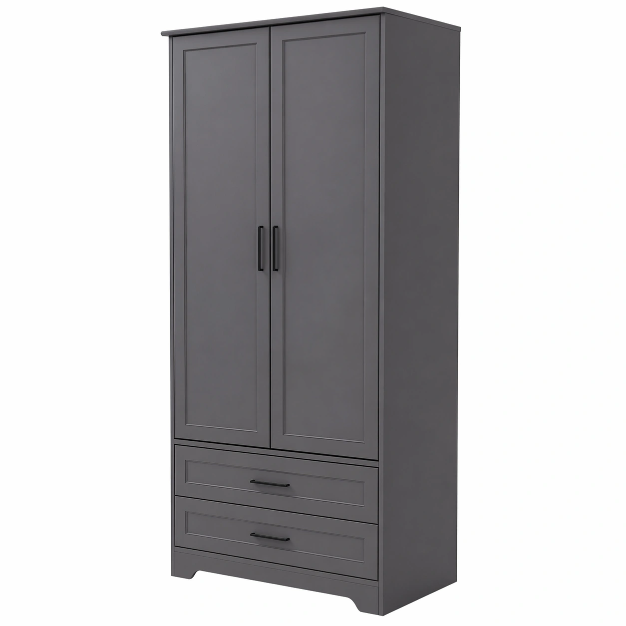 Kleiderschrank 2 Tueren mit 2 Schubladen, Moderner Garderobenschrank mit Stauraum und Kleiderstange, Minimalistischer Schrank fuer Schlafzimmer und Flur-arlvina