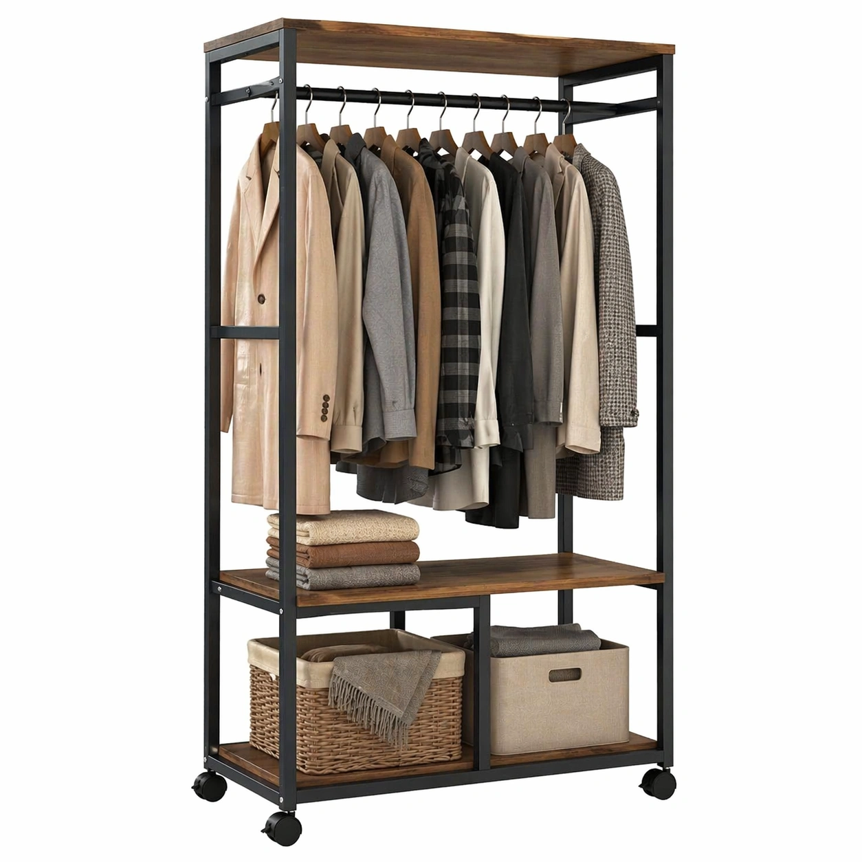 Mobiler Kleiderstaender mit Ablagefaechern und Rollen aus Holz und Metall fuer Schlafzimmer und Ankleide-arlvina