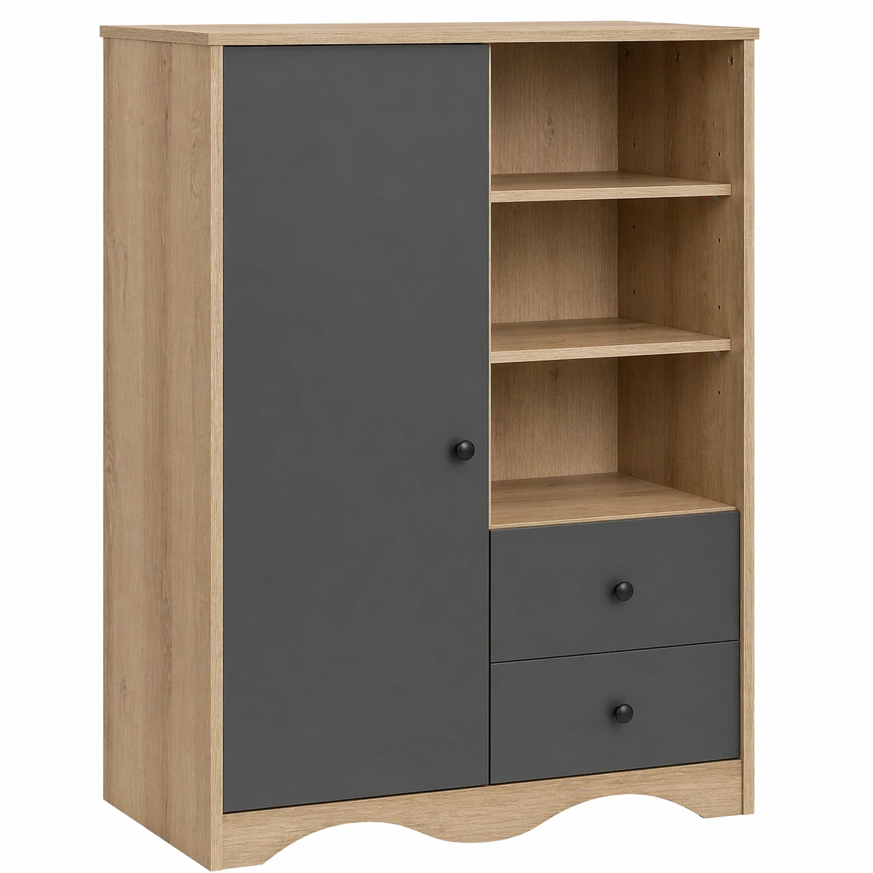 Moderner Mehrzweckschrank mit Tuere, offenen Faechern und 2 Schubladen in Holzoptik-arlvina