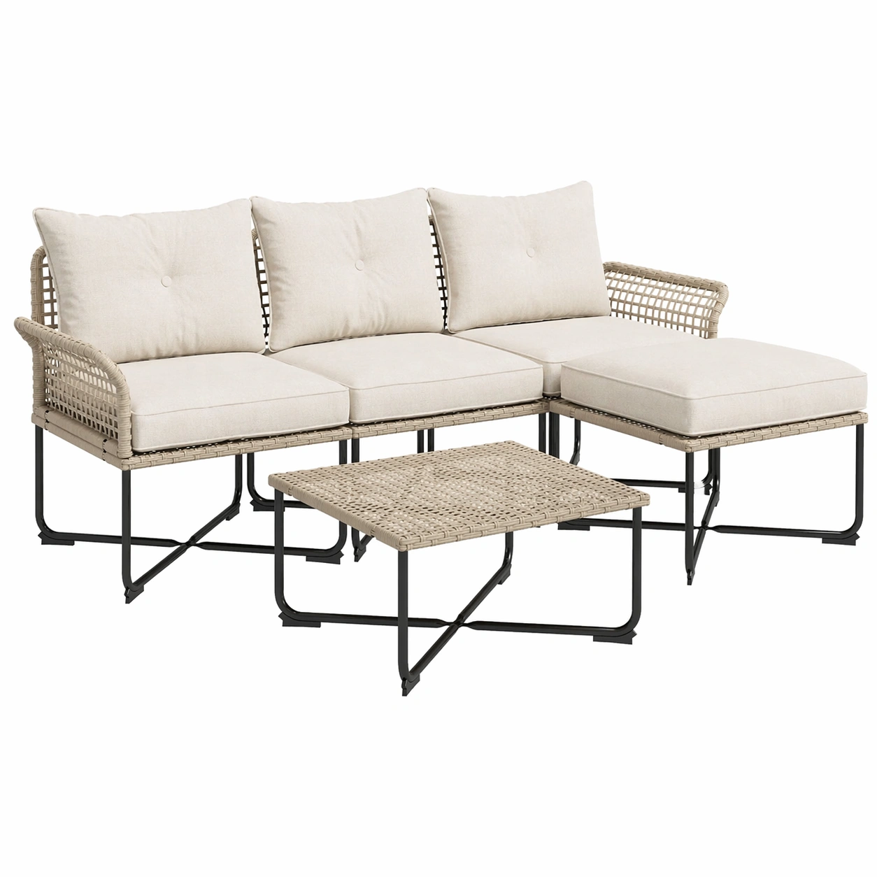 5 tlg Garten Lounge Set Polyrattan Sofa Set mit Tisch und Hocker Modernes Outdoor Sitzgruppe Beige-arlvina