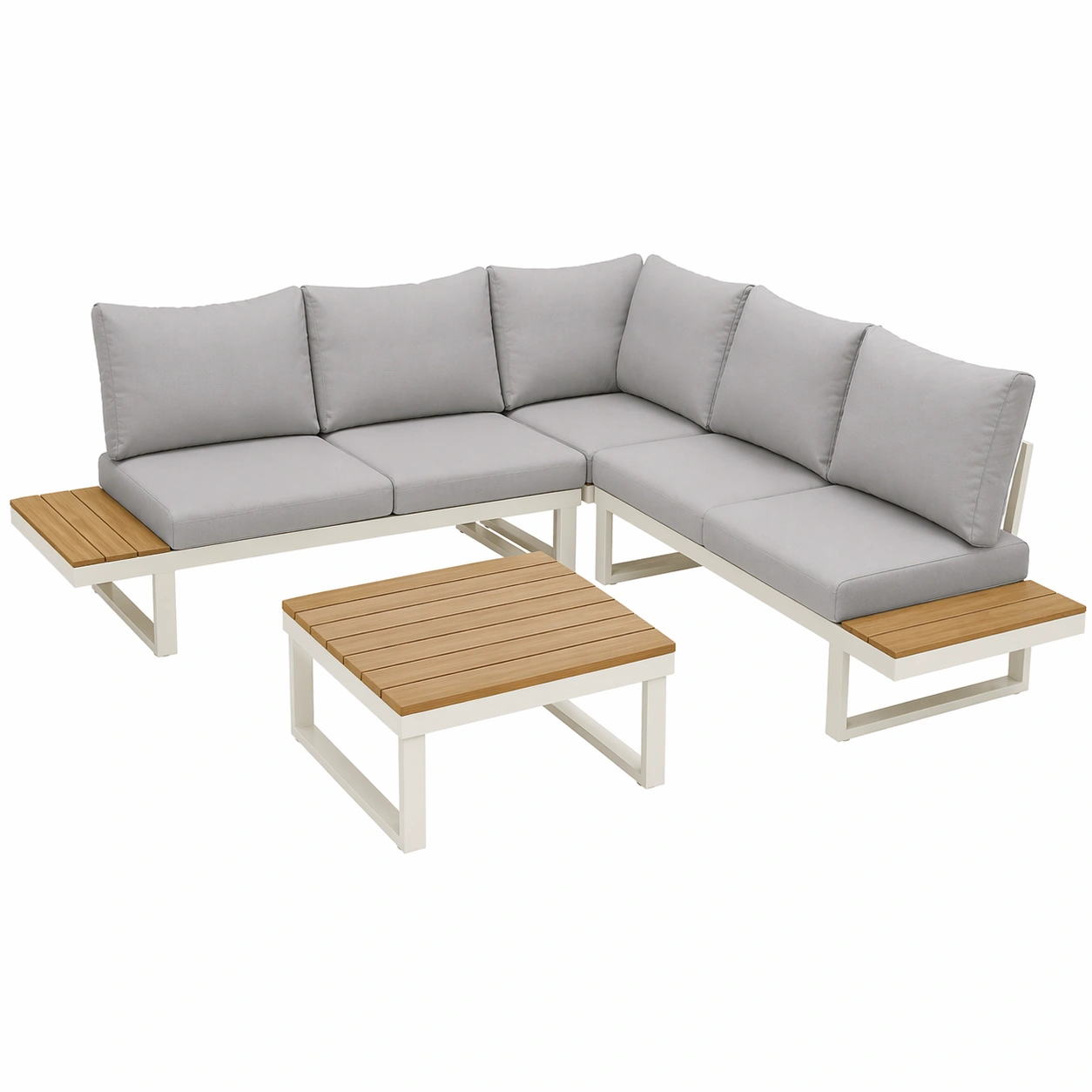 Garten Lounge Set Ecksofa mit Tisch Metallrahmen und Holzoptik 4 Sitzer 210 x 210 x 65 cm Beige-arlvina