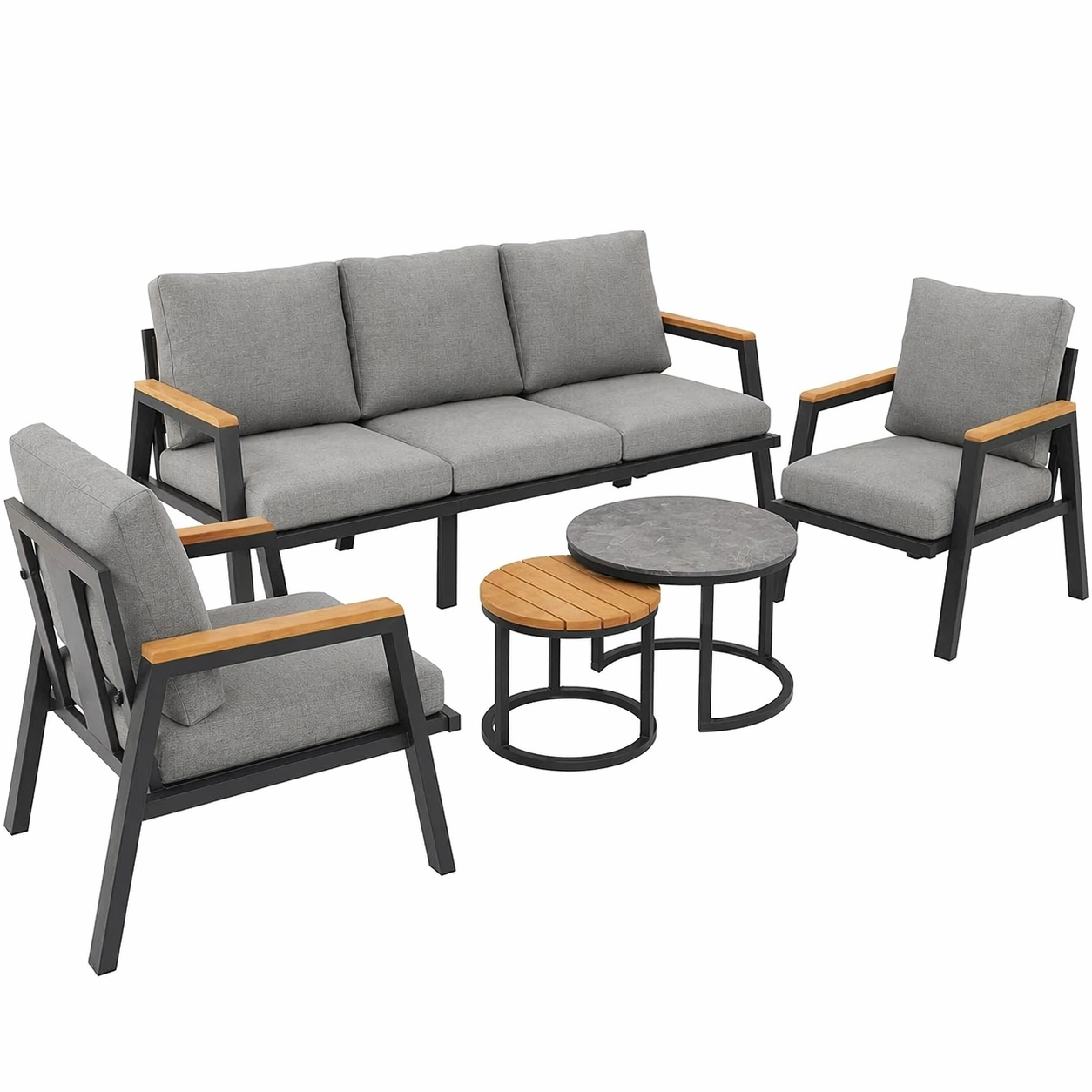 Modernes Gartenmoebel Set 5 Teilig mit 3 Sitzer Sofa Sesseln und Couchtischen Metallgestell Outdoor Lounge Set-arlvina