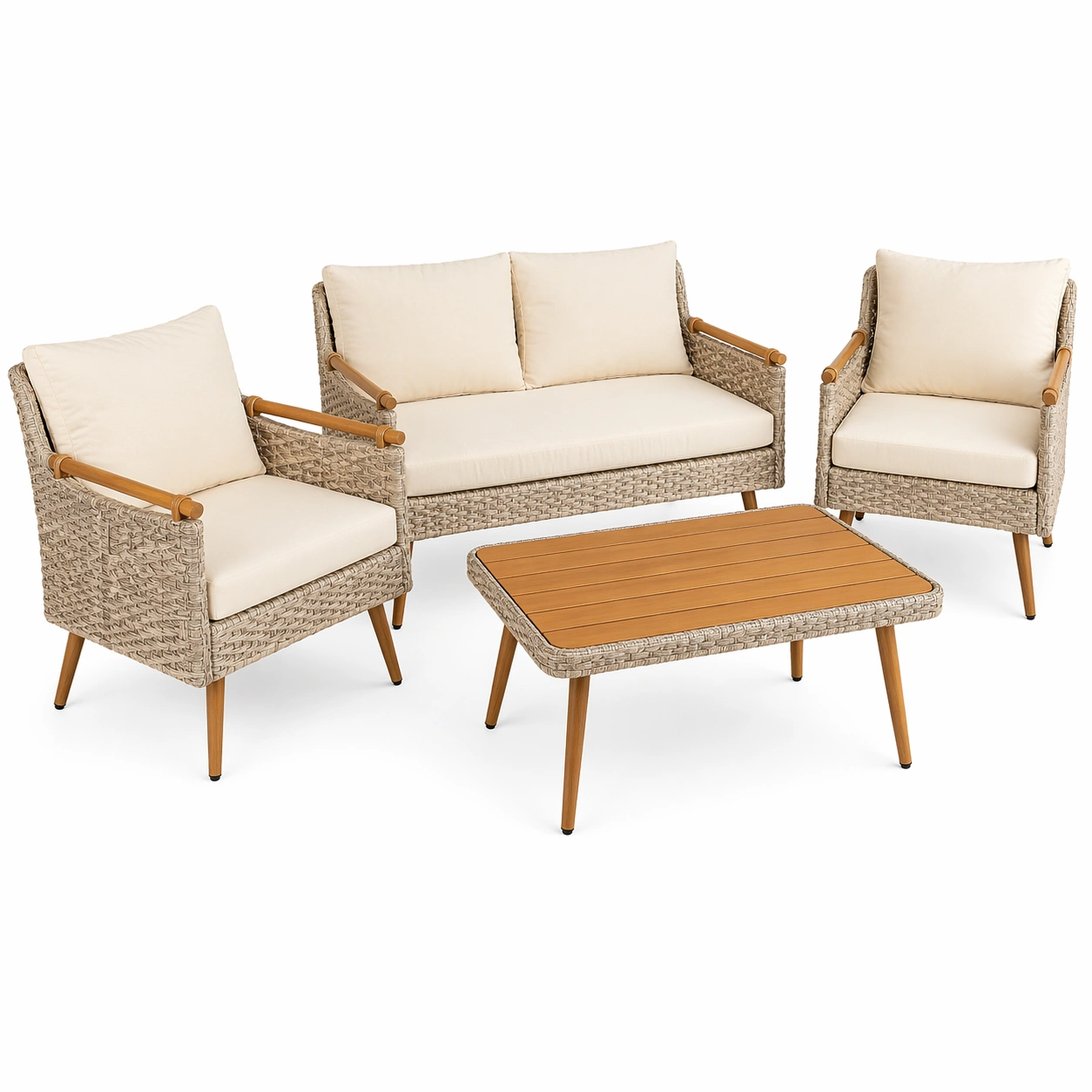 Gartenmoebel Set 4 Teilig Polyrattan Lounge Set mit 2 Sitzer Sofa 2 Sessel und Tisch Balkon Terrasse Modern Beige-arlvina