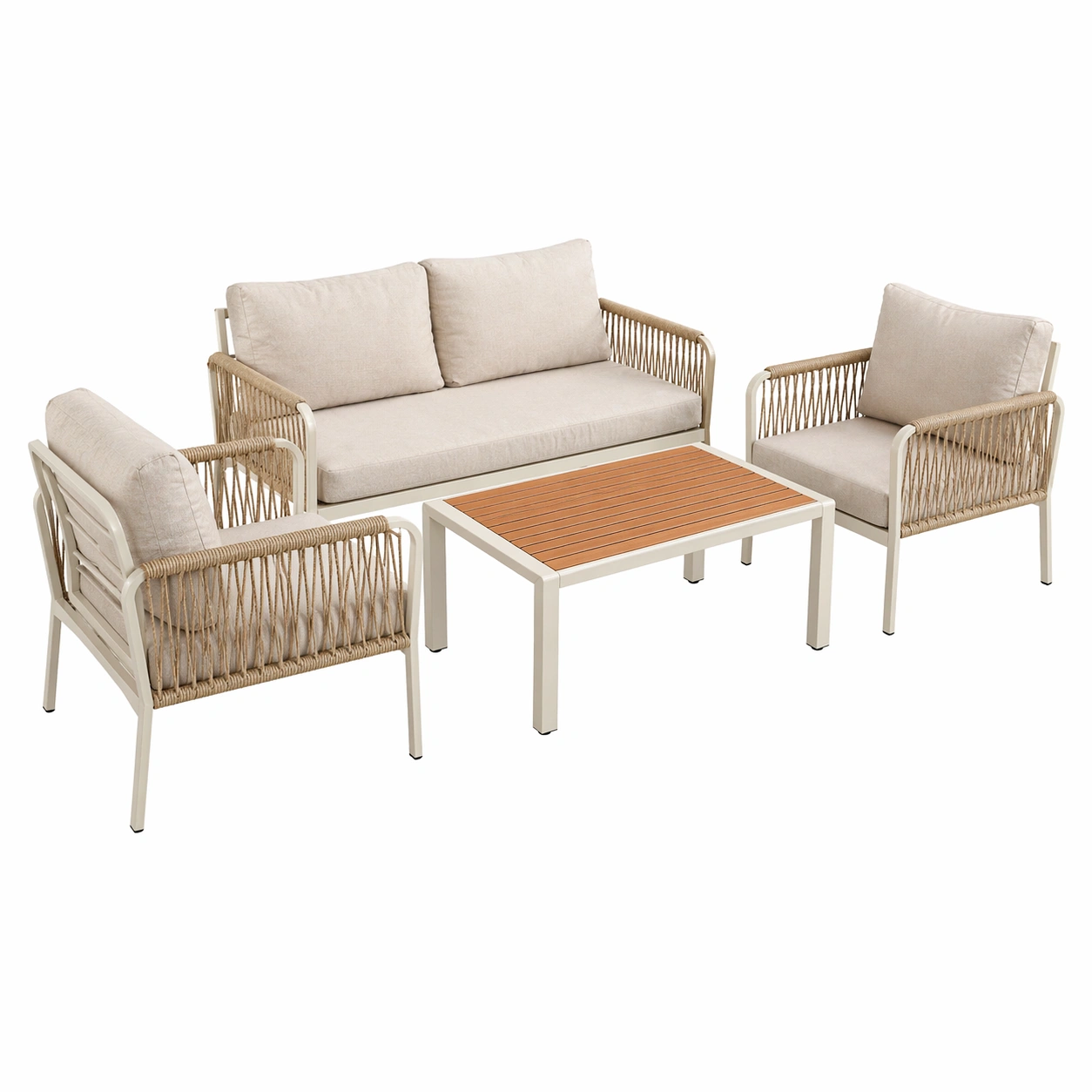 Gartenmoebel Set fuer 4 Personen mit 2 Sitzer Sofa 2 Sesseln und Couchtisch - Modernes Lounge Set fuer Balkon Terrasse und Garten - Beige-arlvina