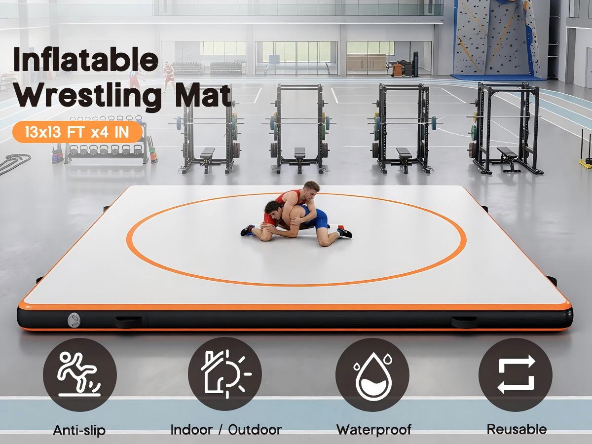 [TiktokShopStockUp] AMERLIFE 13FT /10FT /5FT Inflatable Wrestling Mat 4" Thick PVC Orange/Gray Waterproof Jiu Jitsu Mats for Jiu Jitsu, BJJ, MMA, Grappling & Water Yoga, Indoor/Outdoor, Includes Dust Bag & Repair Kit