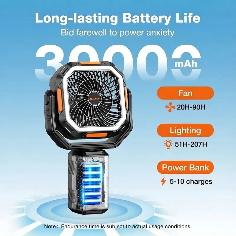 xshxvv Camping Fan with Detachable Tripod, 30000mAh Rechargeable Fan with LED Lights & 270° Pivot,4 in 1 Cordless Camping Fan, Remote Control Shaking Head Desk Fan for Camping Tent Travel Bedroom Portable Motor summerwins