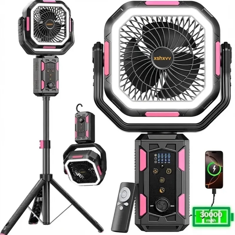 xshxvv Camping Fan with Detachable Tripod, 30000mAh Rechargeable Fan with LED Lights & 270° Pivot,4 in 1 Cordless Camping Fan, Remote Control Shaking Head Desk Fan for Camping Tent Travel Bedroom Portable Motor summerwins