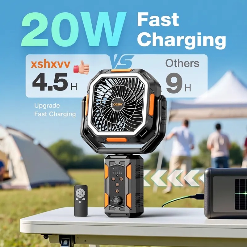 xshxvv Camping Fan with Detachable Tripod, 30000mAh Rechargeable Fan with LED Lights & 270° Pivot,4 in 1 Cordless Camping Fan, Remote Control Shaking Head Desk Fan for Camping Tent Travel Bedroom Portable Motor summerwins