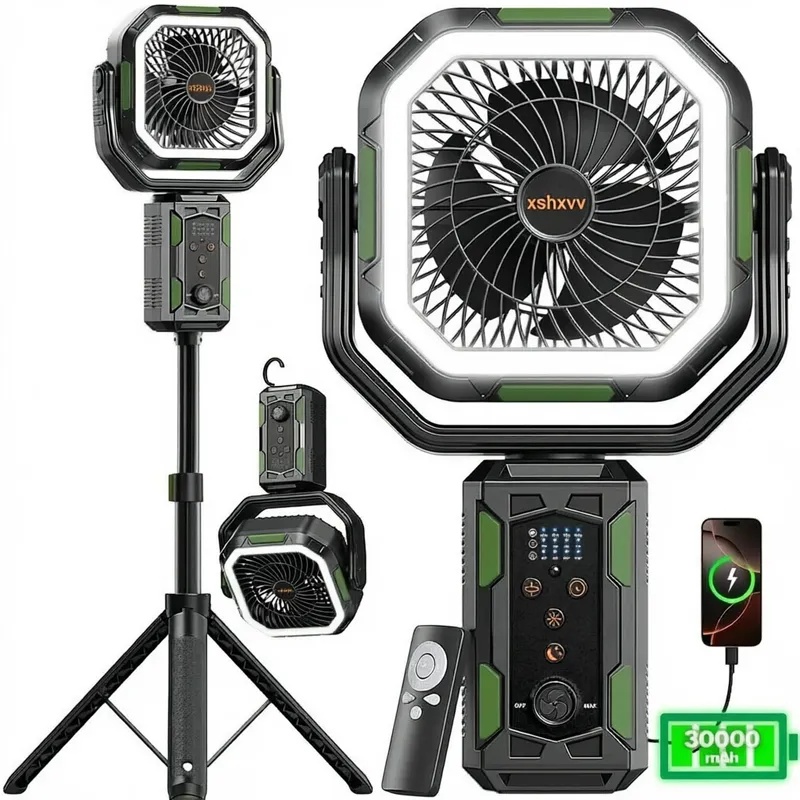 xshxvv Camping Fan with Detachable Tripod, 30000mAh Rechargeable Fan with LED Lights & 270° Pivot,4 in 1 Cordless Camping Fan, Remote Control Shaking Head Desk Fan for Camping Tent Travel Bedroom Portable Motor summerwins