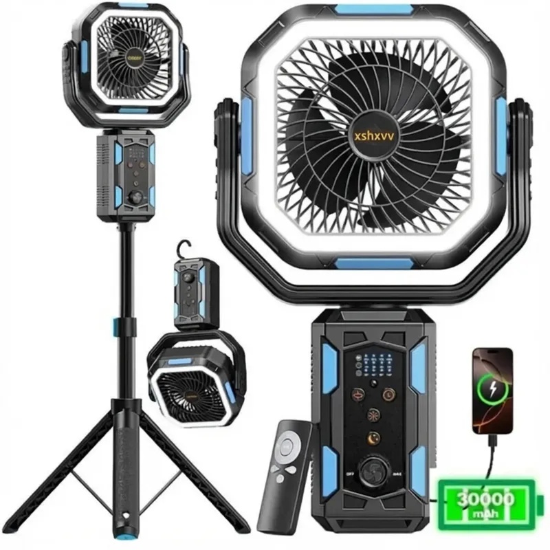 xshxvv Camping Fan with Detachable Tripod, 30000mAh Rechargeable Fan with LED Lights & 270° Pivot,4 in 1 Cordless Camping Fan, Remote Control Shaking Head Desk Fan for Camping Tent Travel Bedroom Portable Motor summerwins