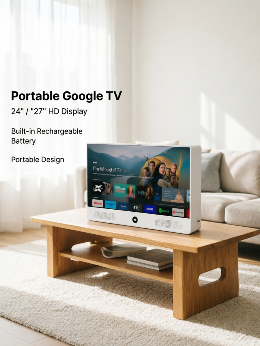 24"/27" Portable Smart TV with Google TV, Built-in Battery, Remote Control & Carrying Bag