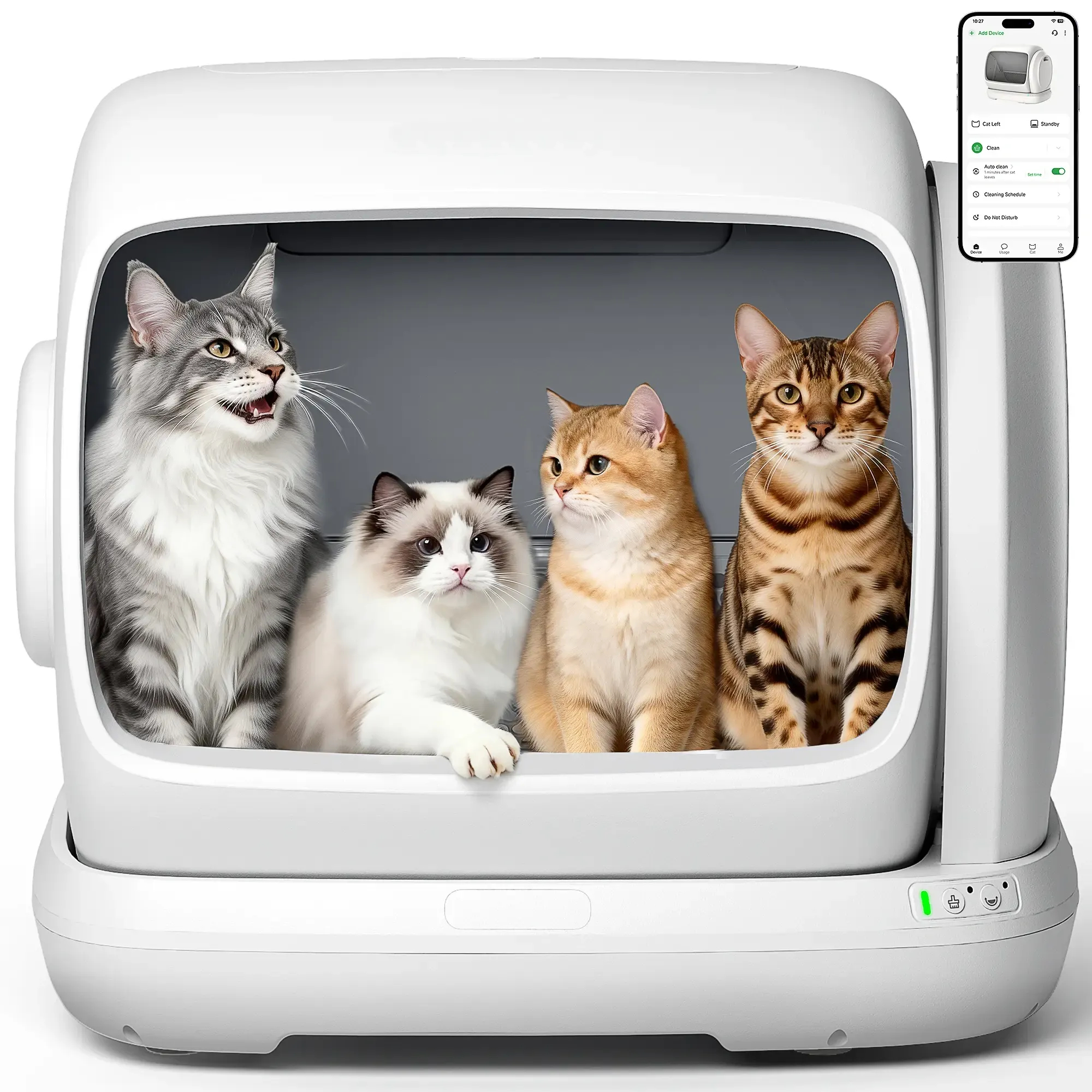 SC09 Automatic Litter Box: High-capacity (106 L) intelligent litter box with low entry, anti-crush safety sensors, app control and odor-blocking mat.