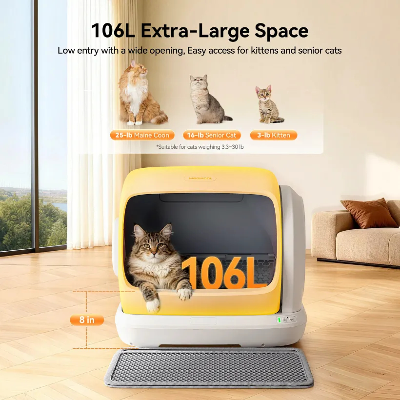 SC09 Automatic Litter Box: High-capacity (106 L) intelligent litter box with low entry, anti-crush safety sensors, app control and odor-blocking mat.