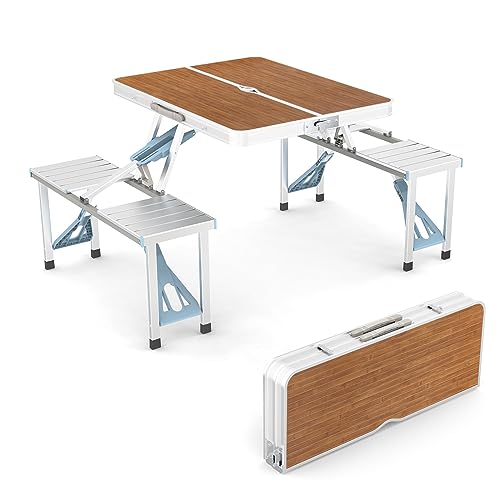 4 Ft Camping Picnic Table Set with 4 Seats with Umbrella Hole Folding Lightweight Suitcase Card Table-220 Lbs Support Aluminum Frame, Plastic RV Tabletop for Barbecue,Travel,Outing,Gathering