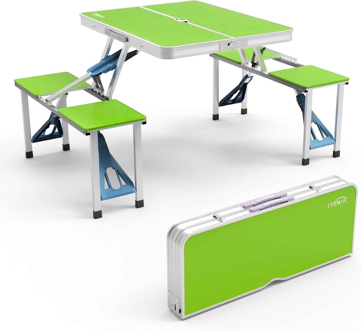 4 Ft Camping Picnic Table Set with 4 Seats with Umbrella Hole Folding Lightweight Suitcase Card Table-220 Lbs Support Aluminum Frame, Plastic RV Tabletop for Barbecue,Travel,Outing,Gathering