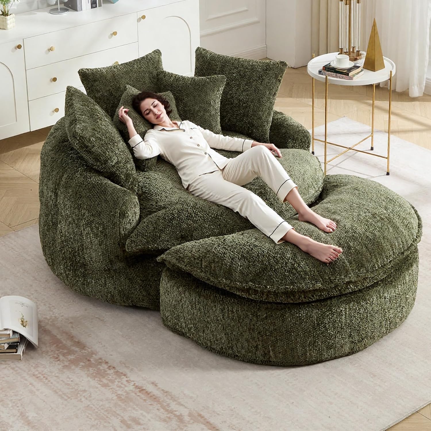 55 inch Oversized Round Chair, Fluffy Chenille Boneless Sofa with Extra Deep Seat