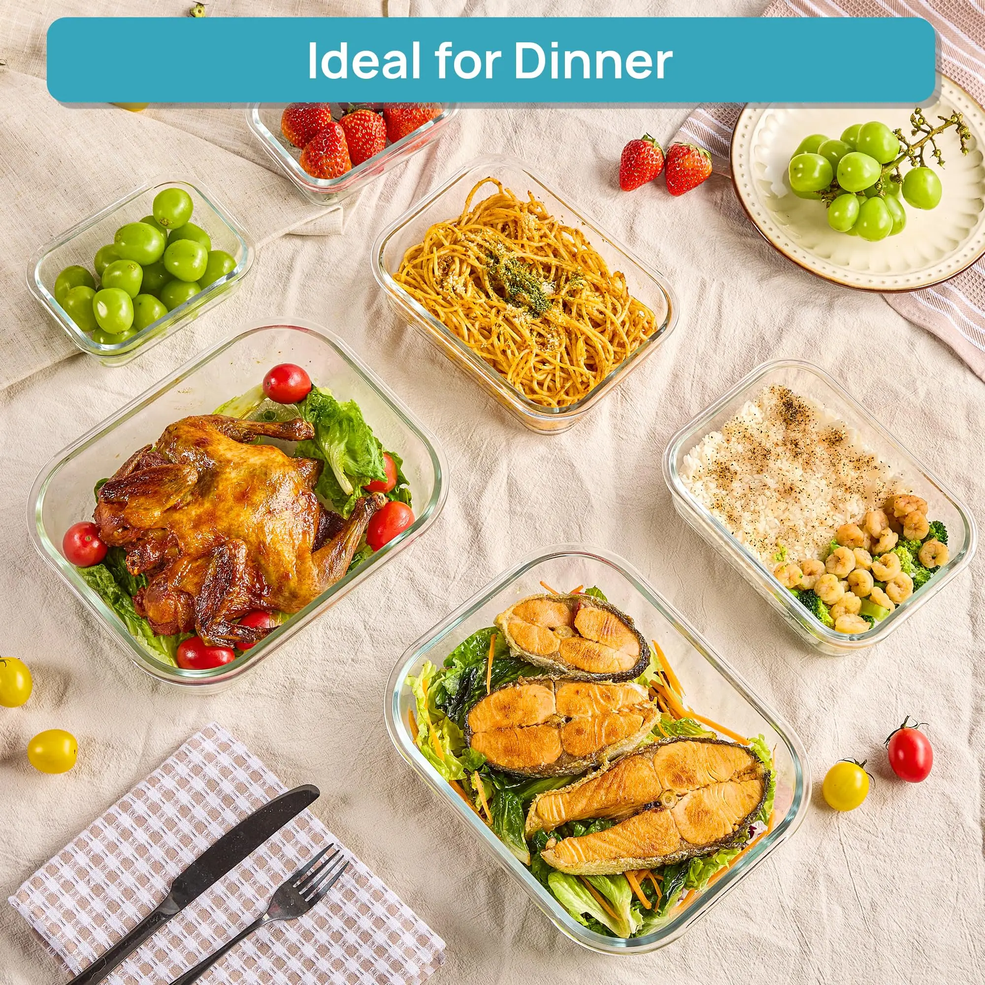 [Meal Prep]  18 Pack Glass FoodStorage Containers with Lids -StackableDesign for Kitchen Utensils Oven MicrowaveFreezer Dishwasher Kitchenware LunchCompartment Grey Rectangle Airtight MealPrep,Large Storage,summerwins