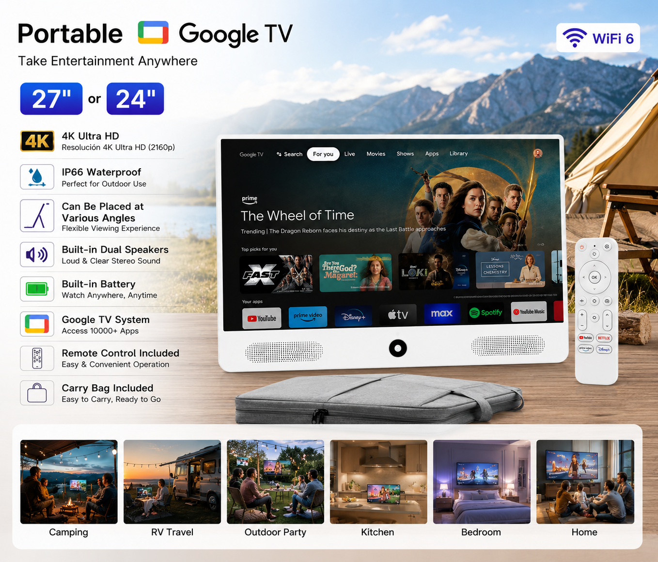 24"/27" Portable Smart TV with Google TV, Built-in Battery, Remote Control & Carrying Bag