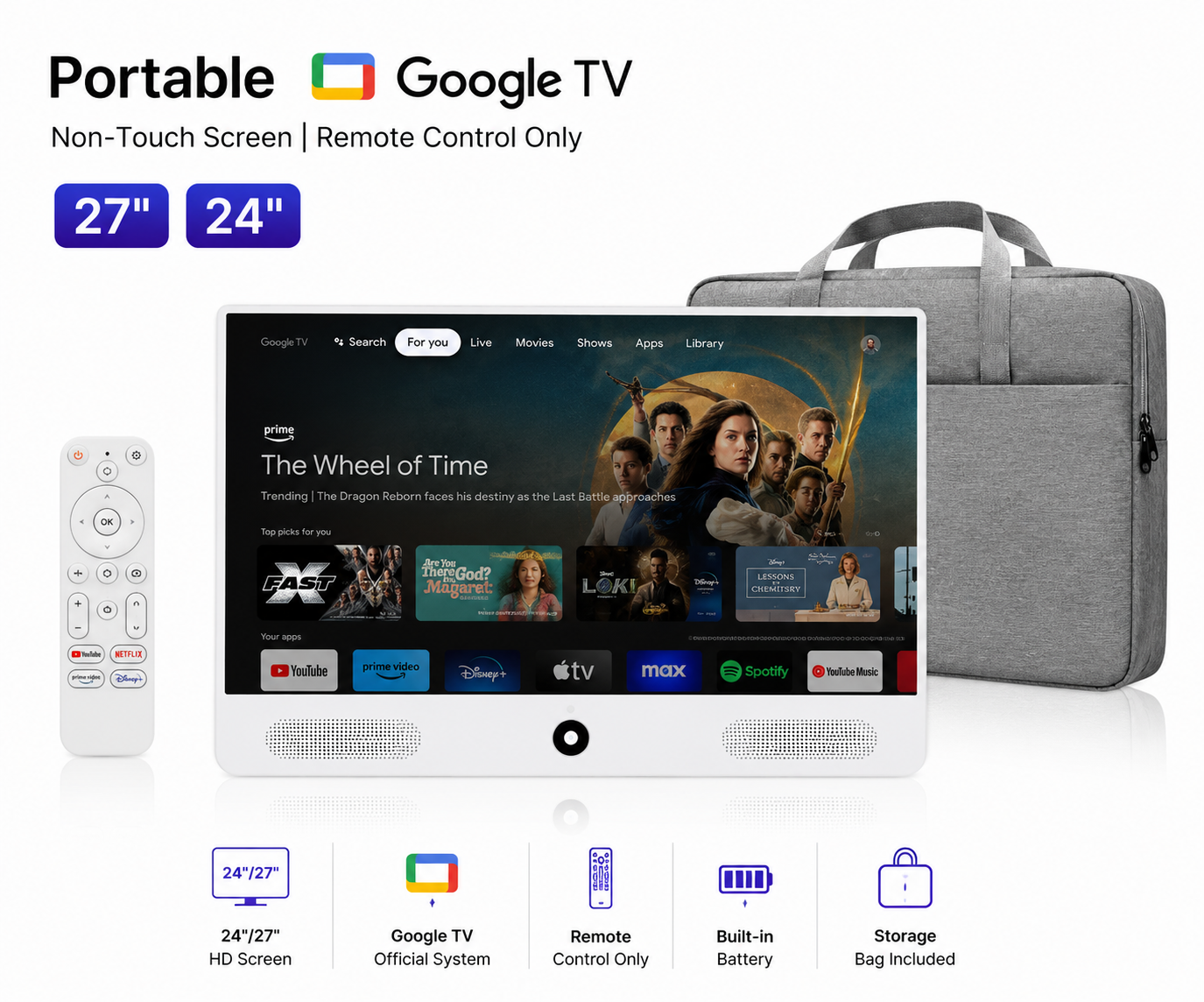 24"/27" Portable Smart TV with Google TV, Built-in Battery, Remote Control & Carrying Bag