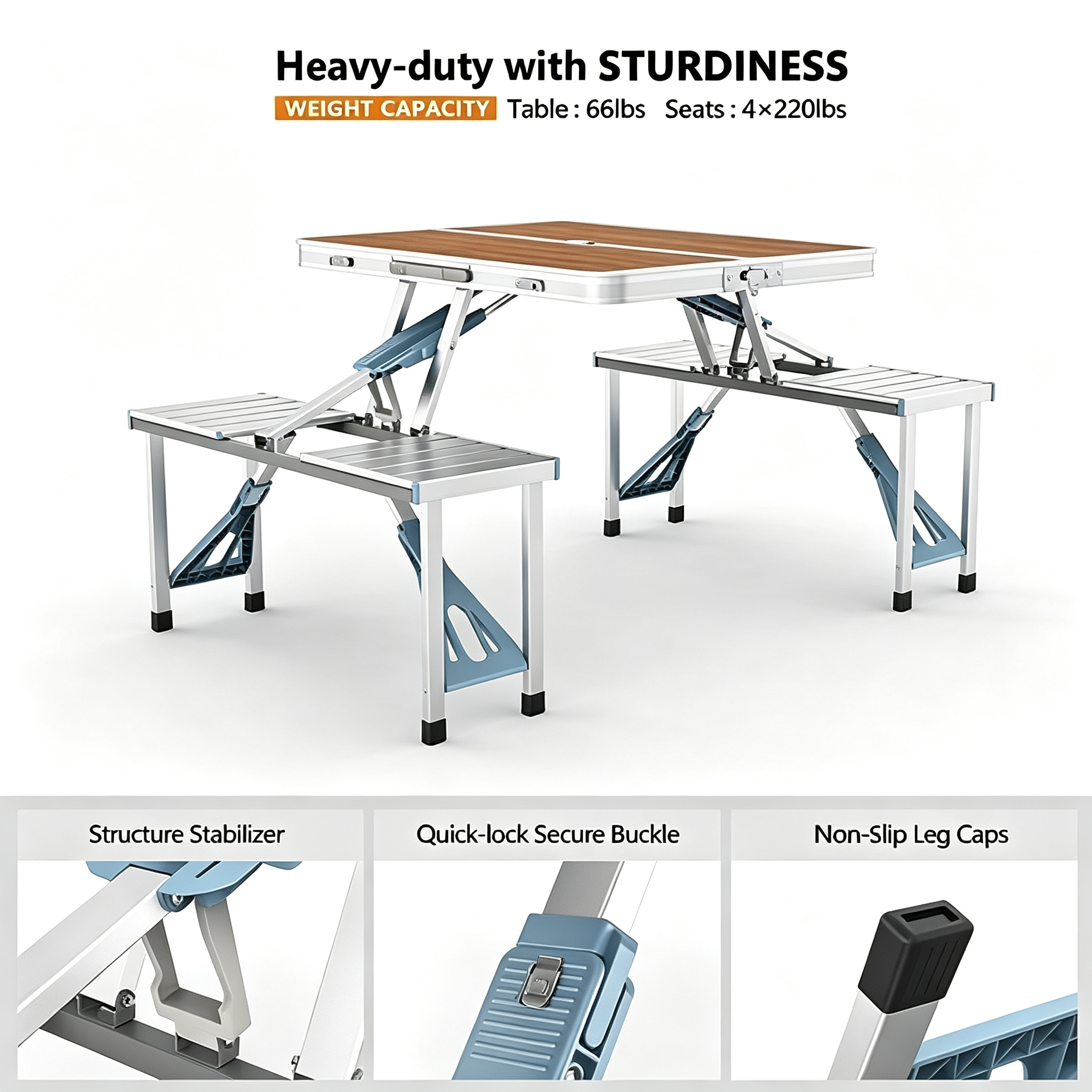 4 Ft Camping Picnic Table Set with 4 Seats with Umbrella Hole Folding Lightweight Suitcase Card Table-220 Lbs Support Aluminum Frame, Plastic RV Tabletop for Barbecue,Travel,Outing,Gathering