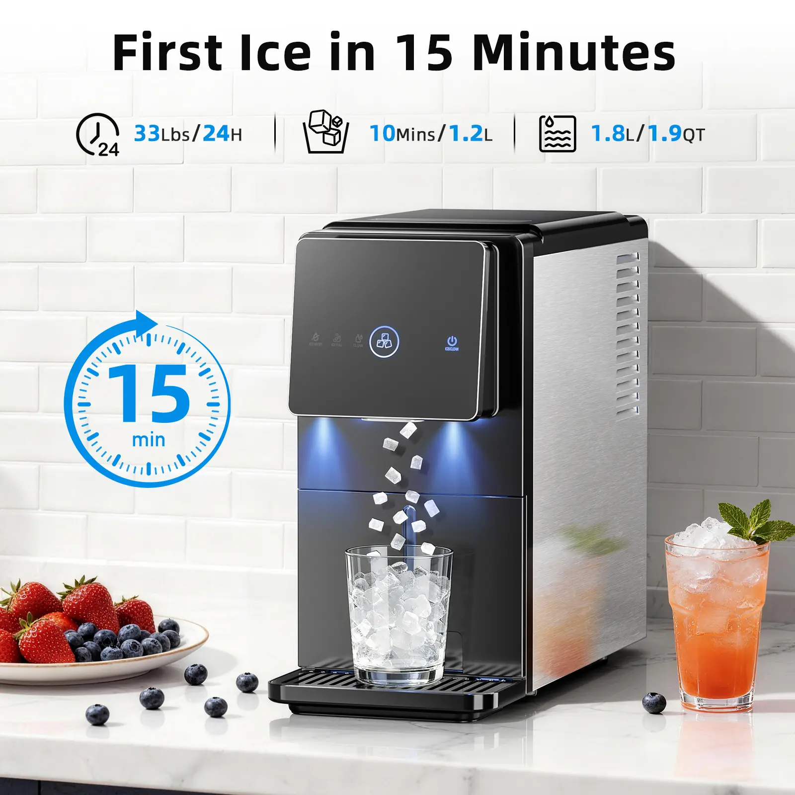 15-Min Nugget Ice Maker | Self-Dispensing, 33lbs/Day, Auto Clean