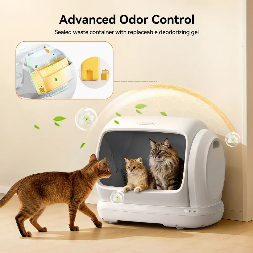 SC09 Automatic Litter Box: High-capacity (106 L) intelligent litter box with low entry, anti-crush safety sensors, app control and odor-blocking mat.