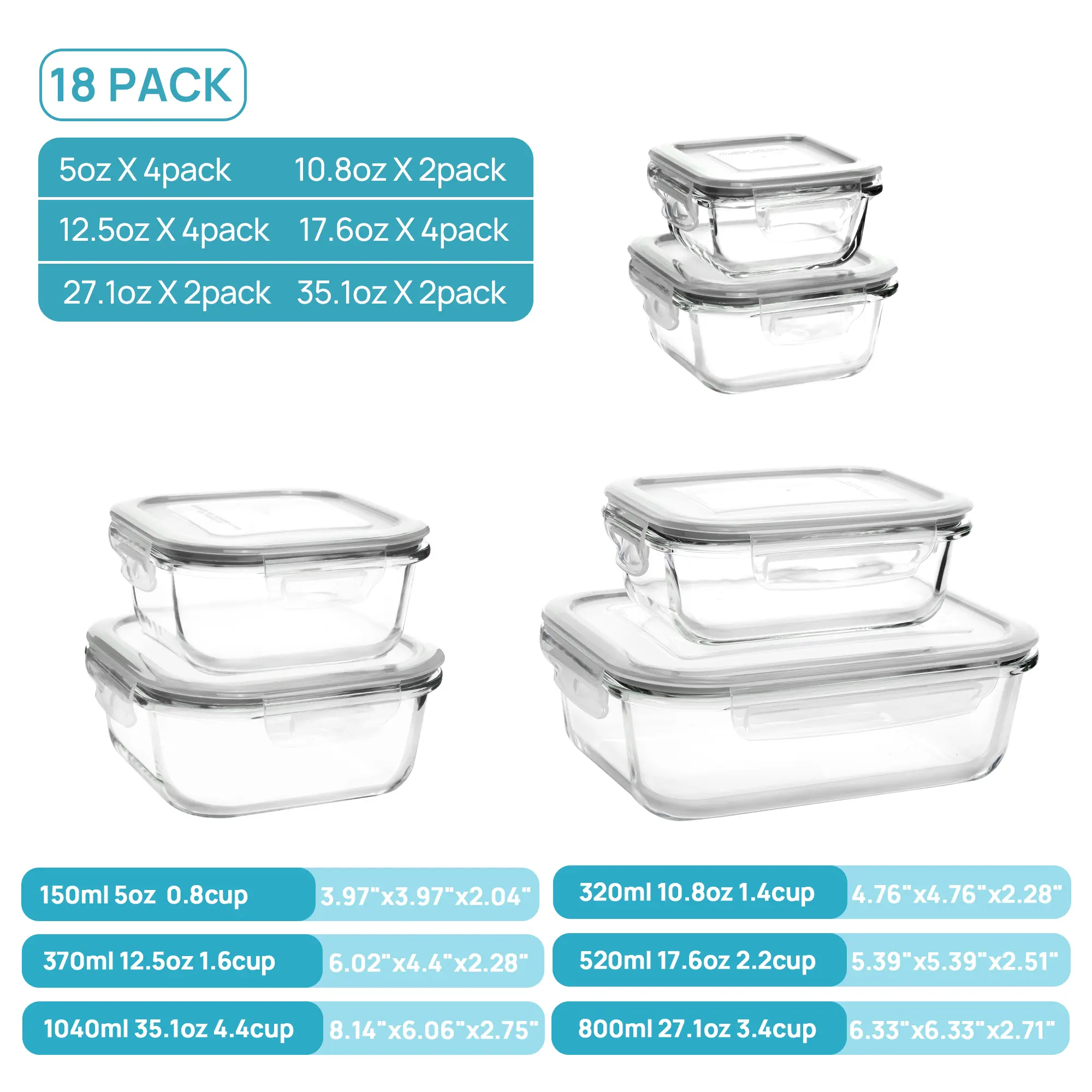 [Meal Prep]  18 Pack Glass FoodStorage Containers with Lids -StackableDesign for Kitchen Utensils Oven MicrowaveFreezer Dishwasher Kitchenware LunchCompartment Grey Rectangle Airtight MealPrep,Large Storage,summerwins