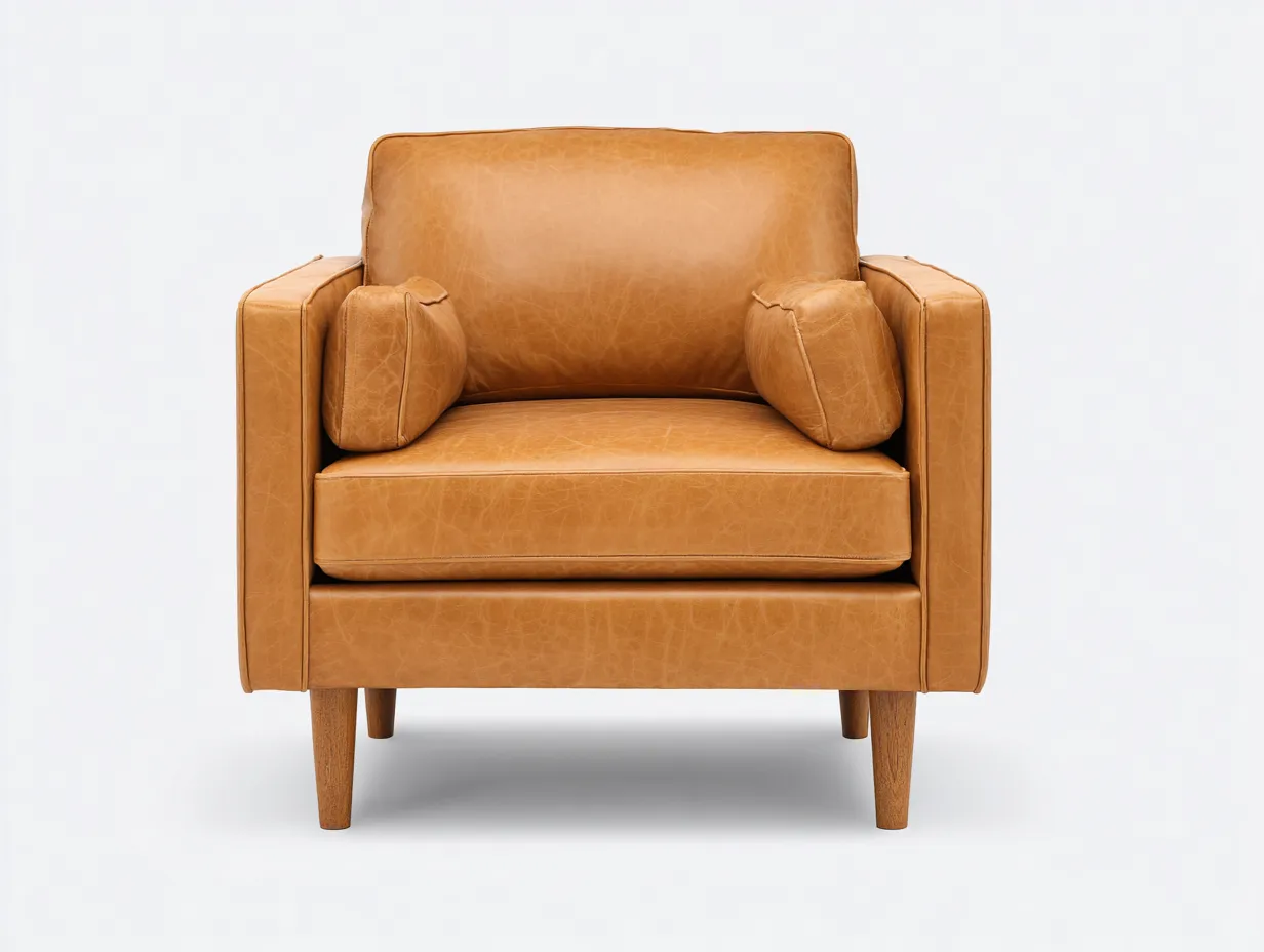 Sillón tapizado en cuero color camel con brazos rectos cojín amplio y patas de madera 88 x 84 x 86 cm - para salón - estilo moderno y atemporal