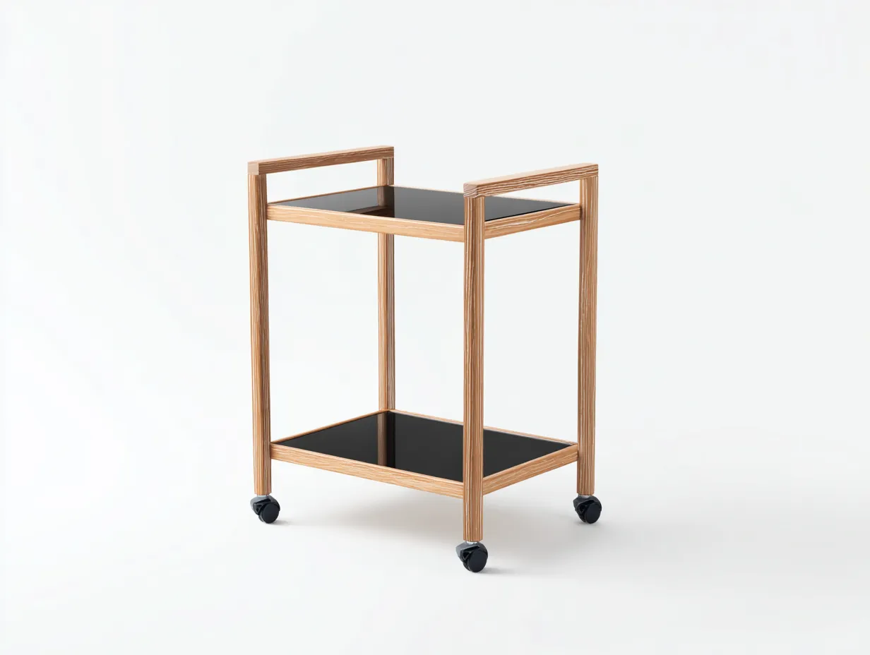 Carrito de cocina madera y vidrio 52 x 36 x 82 cm - roble claro y negro - con ruedas - diseño minimalista de 2 niveles