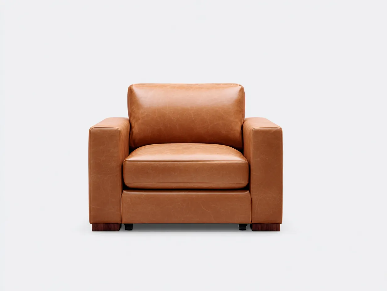Sillón de cuero color coñac con brazos rectos anchos y cojín profundo 86 x 82 x 84 cm - para salón - estilo sobrio y contemporáneo