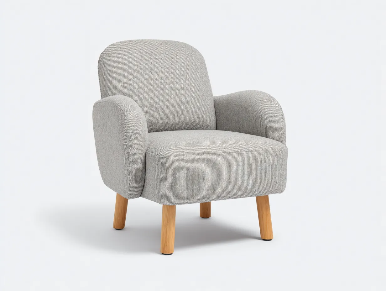 Sillón tapizado en gris niebla con respaldo redondeado y patas de madera clara 72 x 74 x 82 cm - para salón - estilo cálido y minimalista