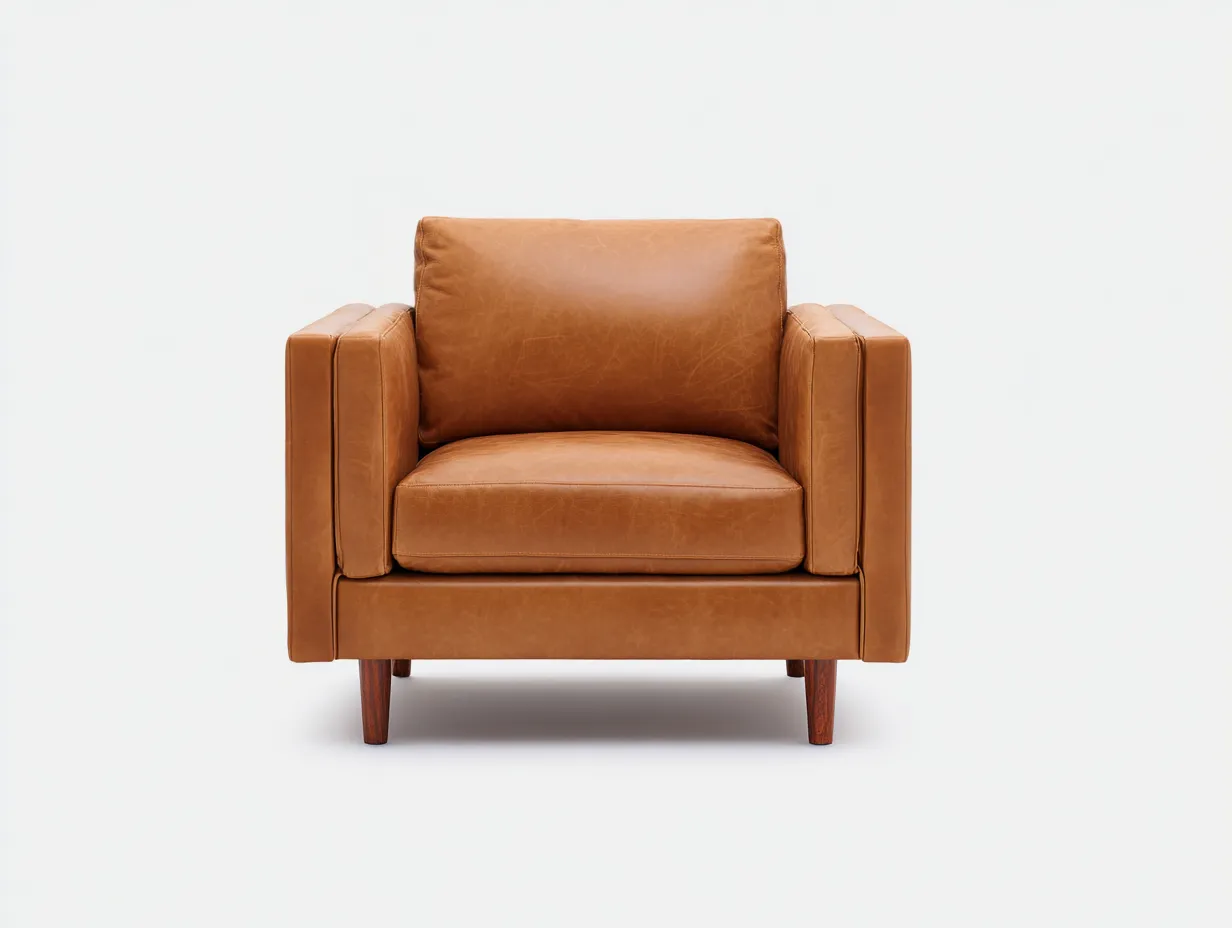 Sillón de cuero color miel con brazos estructurados cojín amplio y patas de madera oscura 84 x 82 x 85 cm - para salón - estilo sobrio y elegante