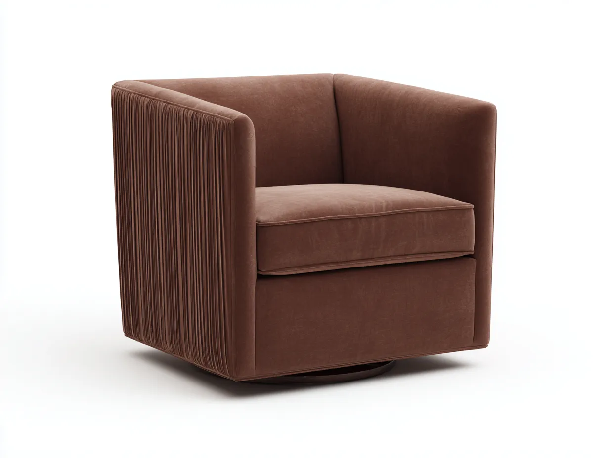 Sillón giratorio tapizado en marrón canela con laterales acanalados y base redonda 80 x 78 x 76 cm - para salón - estilo sofisticado y envolvente