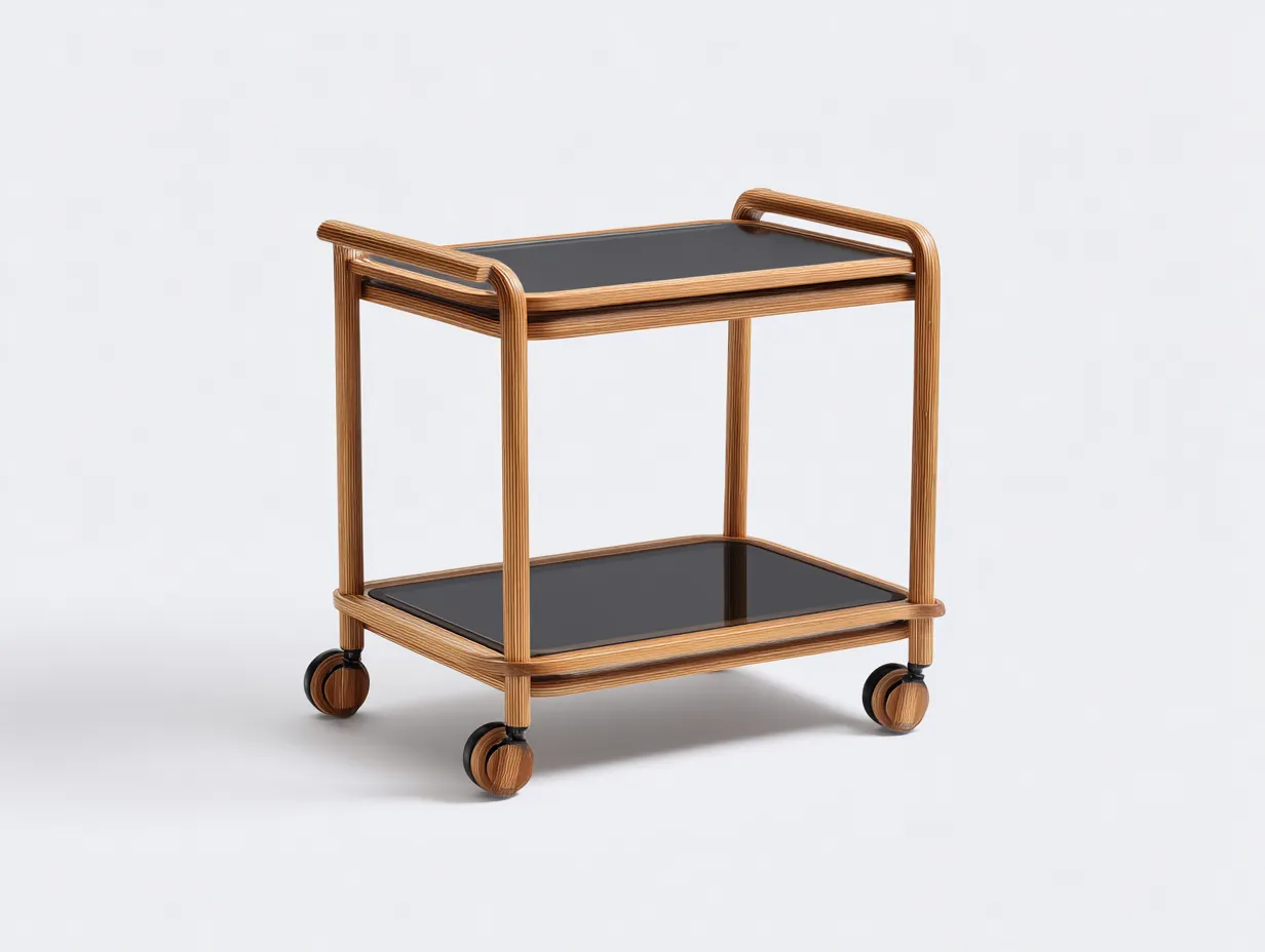 Carrito de cocina madera y vidrio 58 x 38 x 82 cm - roble natural y negro - con ruedas - diseño ligero de 2 niveles