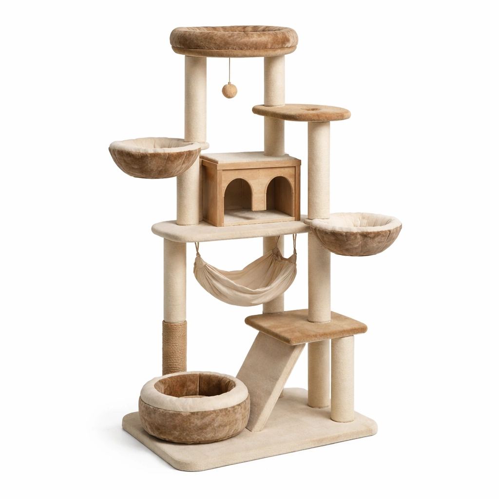 Árbol para gatos de madera contrachapada y felpa con rascadores beige marrón claro-LIVTIVA