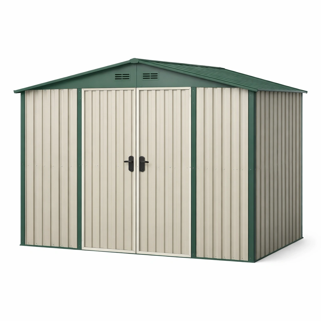 Cobertizo de jardín de metal verde y beige 213x127x185 cm-LIVTIVA