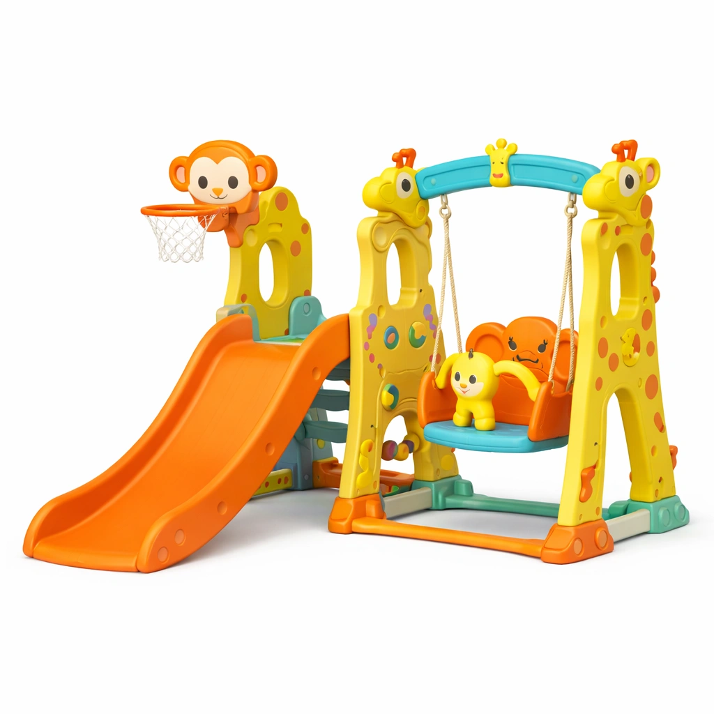 Parque infantil con tobogán y columpio con baloncesto de plástico multicolor-LIVTIVA