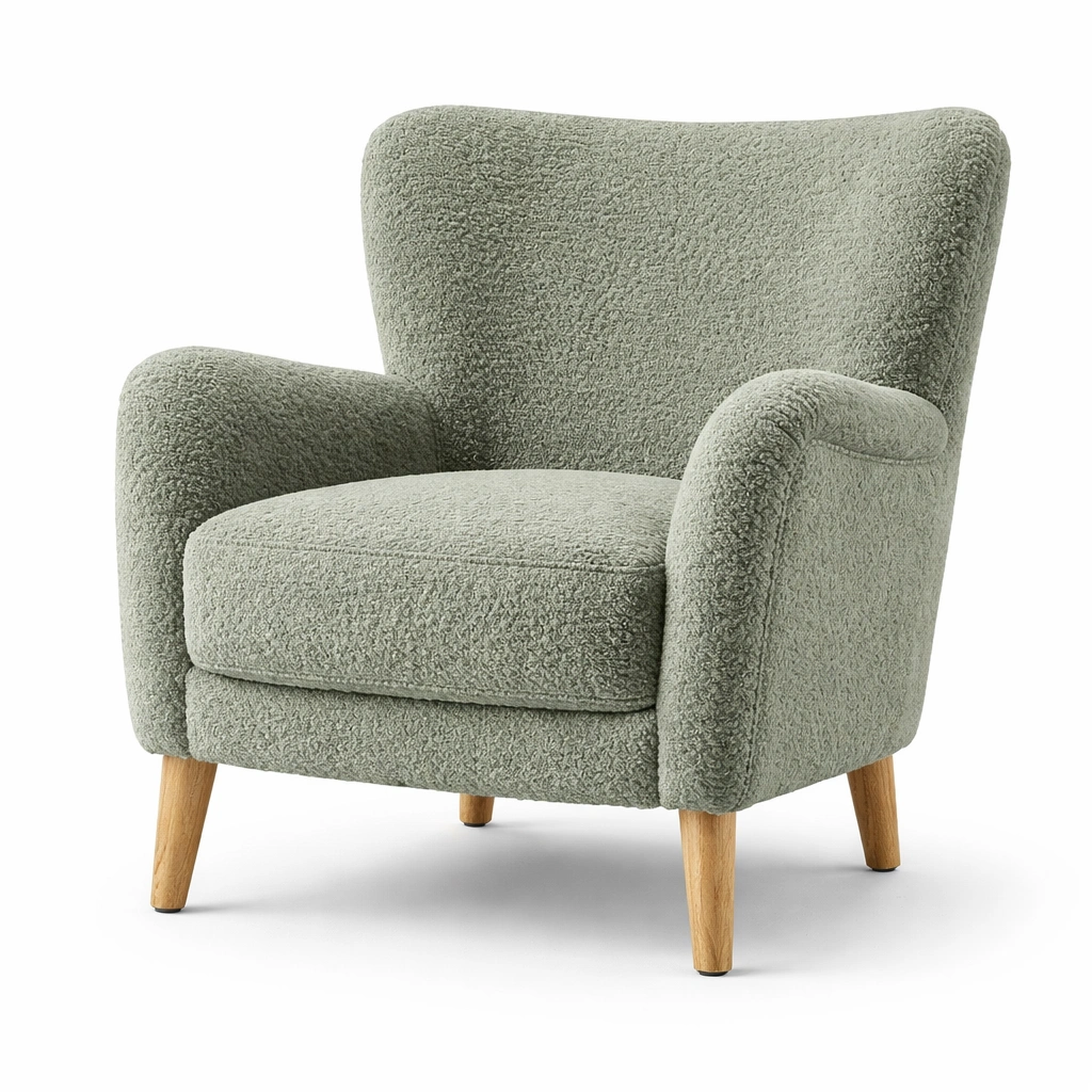 Sillón de tela rizada verde con patas de roble-LIVTIVA