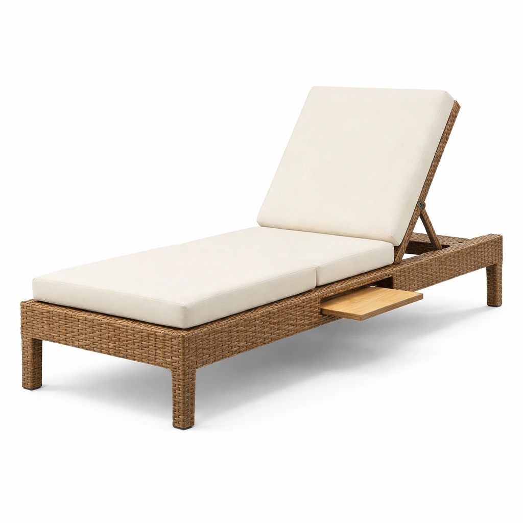 Tumbona de ratán sintético marrón con cojines beige-LIVTIVA