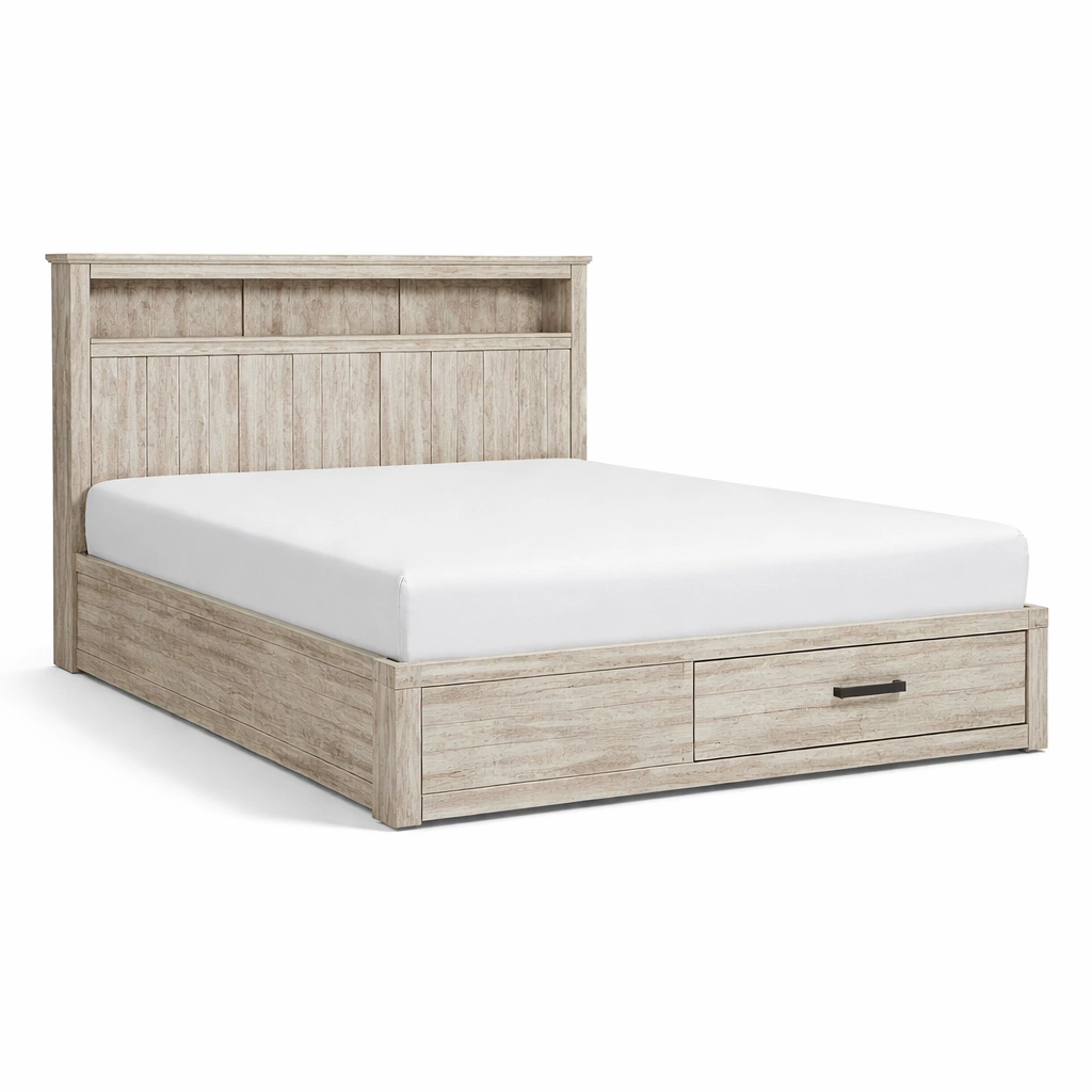 Cama con almacenamiento de madera MDF roble claro-LIVTIVA